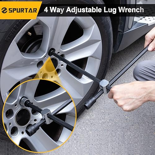 Miniatura 3 de Spurtar Llave extendida para tuercas de llanta, llave de 4 vías, llave de llanta de hierro, extractor de tuercas de llanta de 12 unidad con enchufes