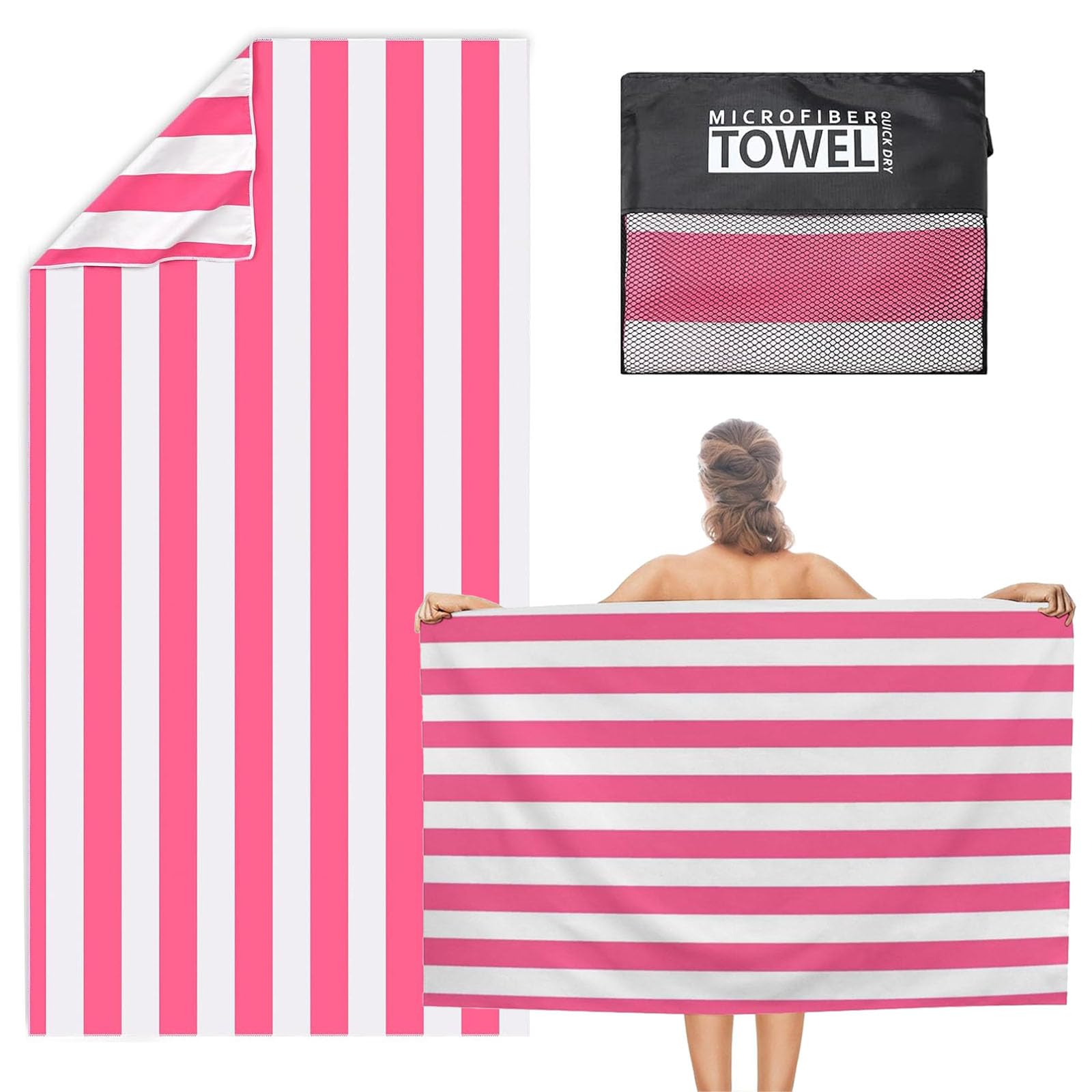 Gudemoore Pink Stripe Large Beach Towel,Microfibre Beach Towel,160X80cm Extra Large Sand Free Beach Towels For Adults,Soft And Lightweight Quick Dry Beach Towels,With Mesh Bag,For Bathroom Swimming Yoga Gym