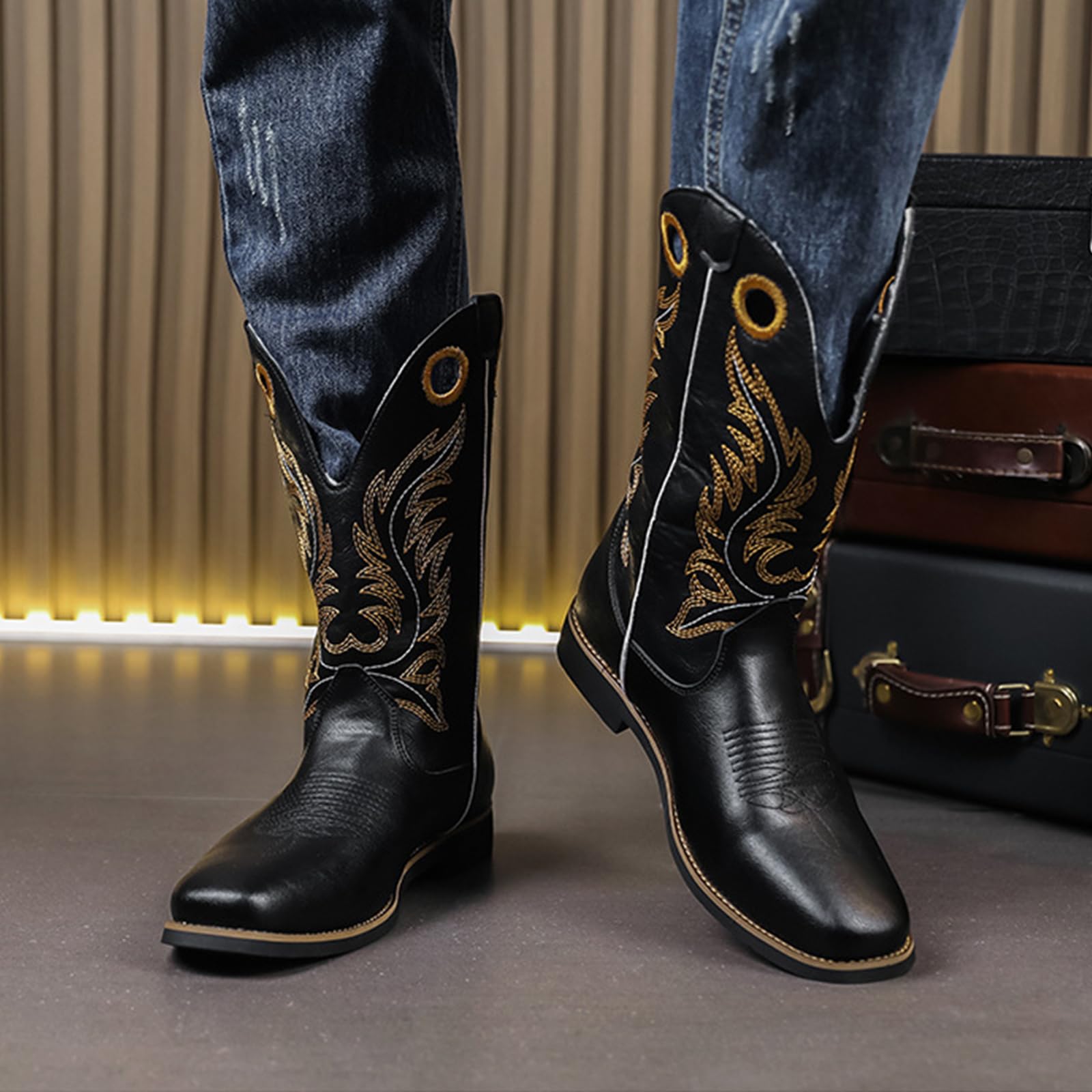Stivali da Cowboy da Uomo con Punta Quadrata, Stivali Western Ricamati, Stivale Tradizionale Country con Linguette Infilare