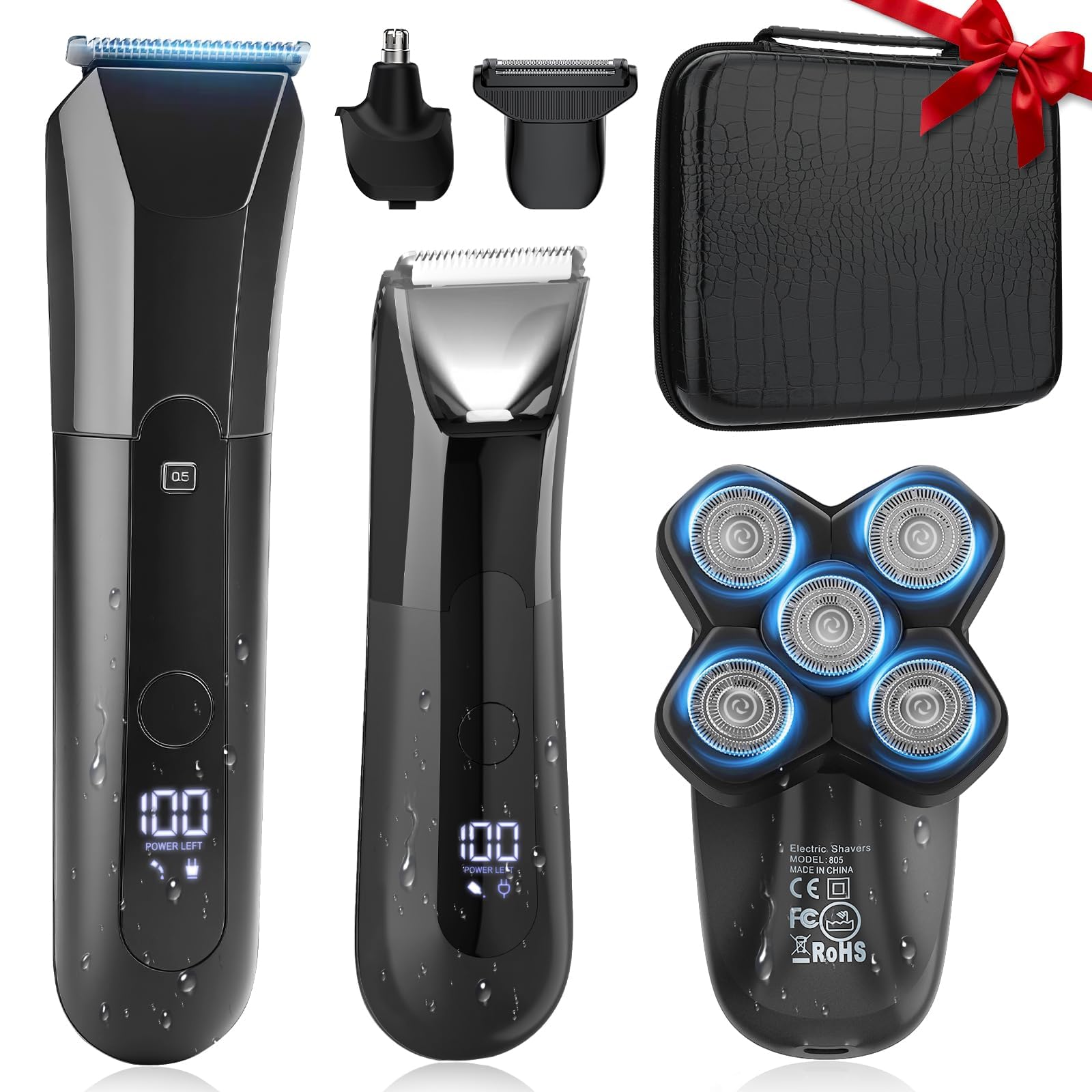 QREEYX Bartschneider für Männer, Leisten- und Körperhaartrimmer, Nasen- und Ohrenscherer, Kopfrasierer für kahle Männer, 5-in-1 wasserdichtes Manscape-Kit mit Reisetasche, LED-Display, Pflege-Set