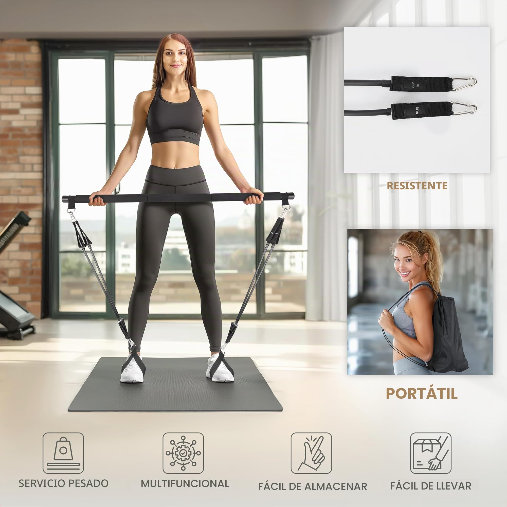 Belle Vous Kit de Entrenamiento en Casa - 1x Barra de Pilates Desmontable y 4X Bandas Elasticas de Musculacion con 2X Agarres y 1x Bolsa - Barras Ligas Cintas de Ejercicio