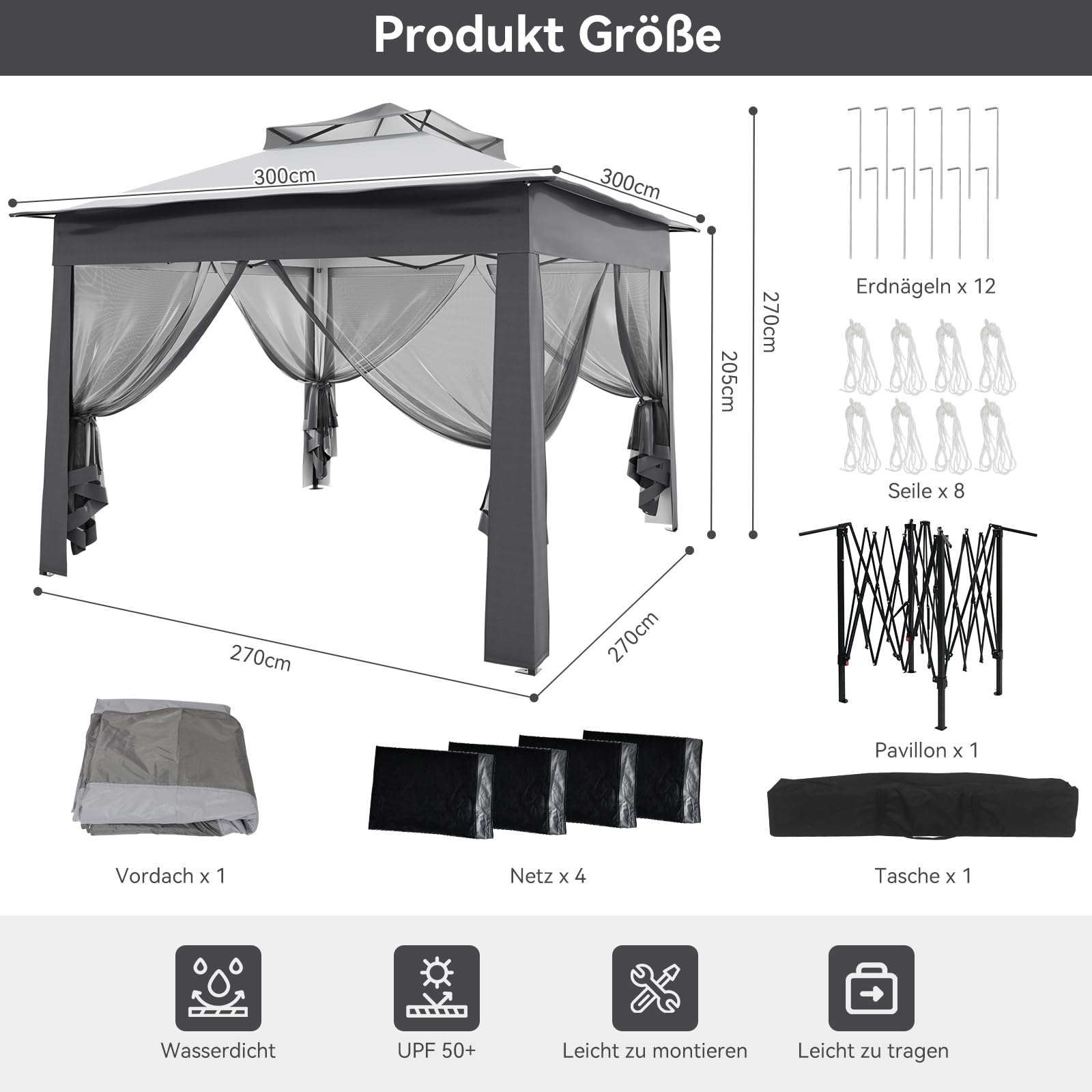 ARTETHYS Pavillon Faltpavillon 3x3 Wasserdicht Stabil Winterfest, Pop Up Pavillon mit 4 Moskitonetz, Höhenverstellbar Faltbar Gartenzelt, Doppeldach Gartenpavillon UV-Schutz 50+, Festzelt mit Tasche