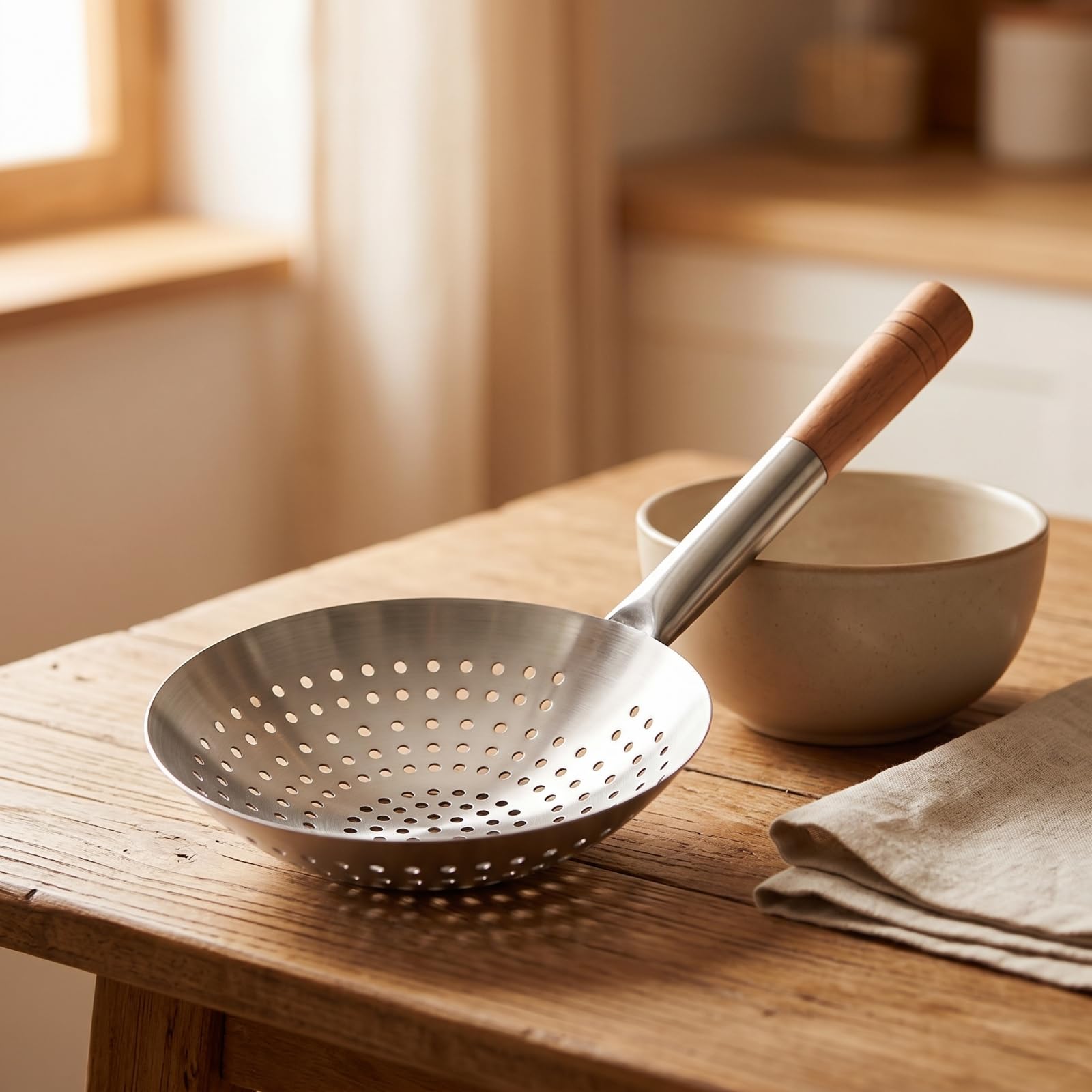 Colador de Acero Inoxidable con Diseño Seguro y Mango en Madera Utilidad Eficiente para Alimentos y Líquidos Calientes Cabeza Resistente Apto para Frituras Comidas Uso Casero, 32 Cm