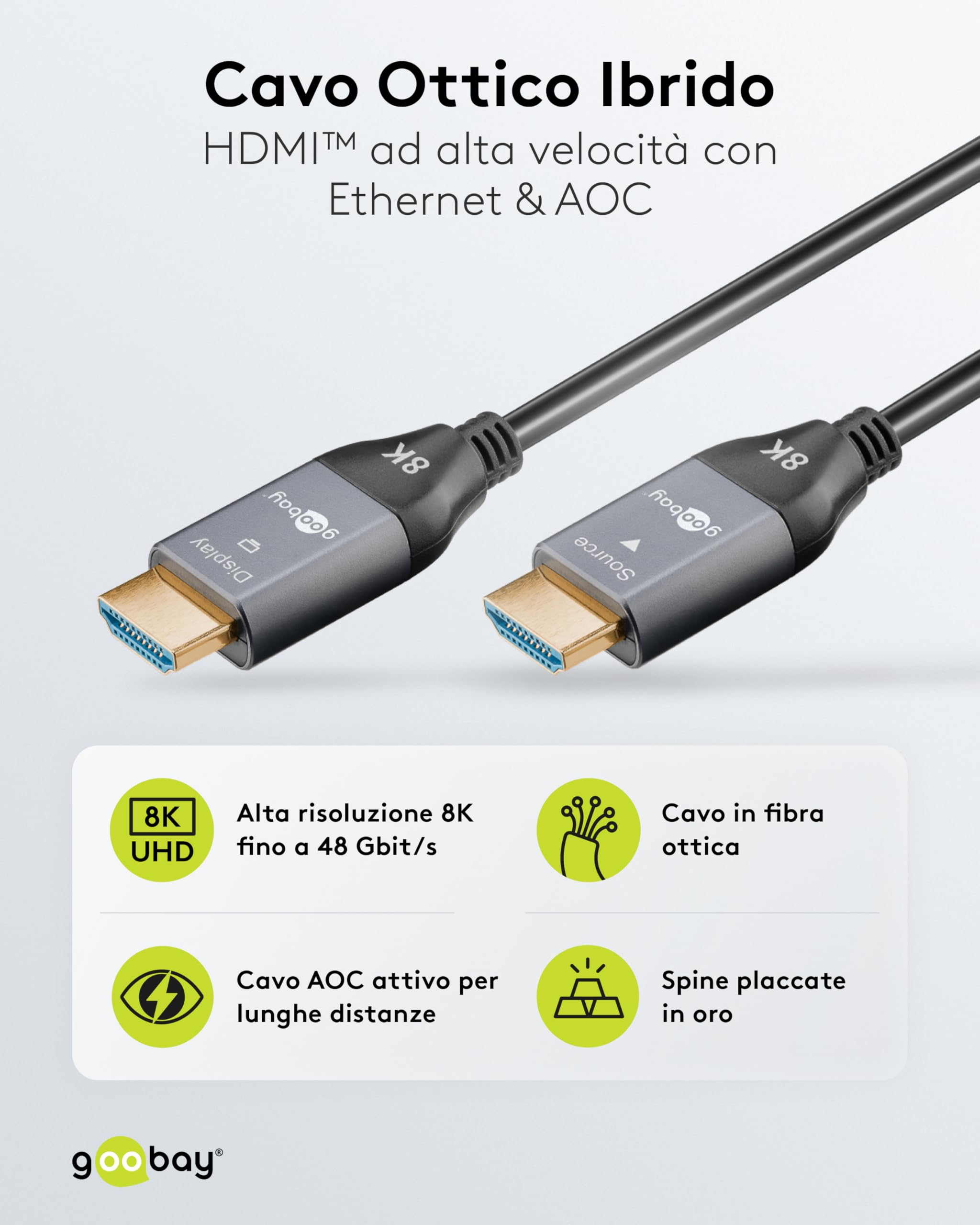 goobay Cavo ottico ibrido HDMI 40 metri – Cavo HDMI 2.1 Ultra High Speed con Ethernet, 8K/60Hz, tecnologia AOC per TV, monitor, PS5, Xbox, alta flessibilità, spina robusta, 76277