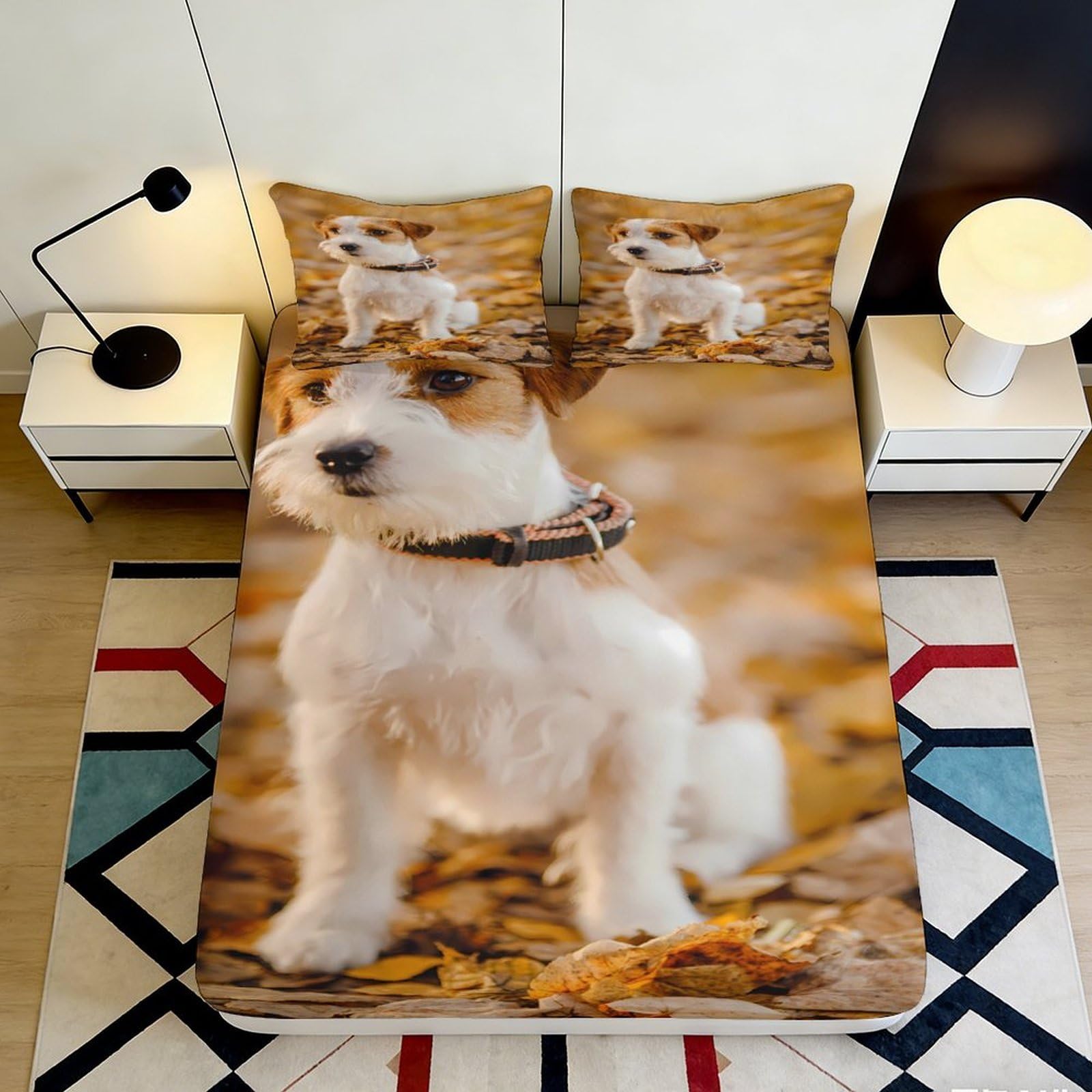 3D Printed Autumn Leaves Dog Fitted Sheet Microfiber Soft Non-slip Puppy Bed Cover for Bedroom Guest Room Decor 140x200x25cm