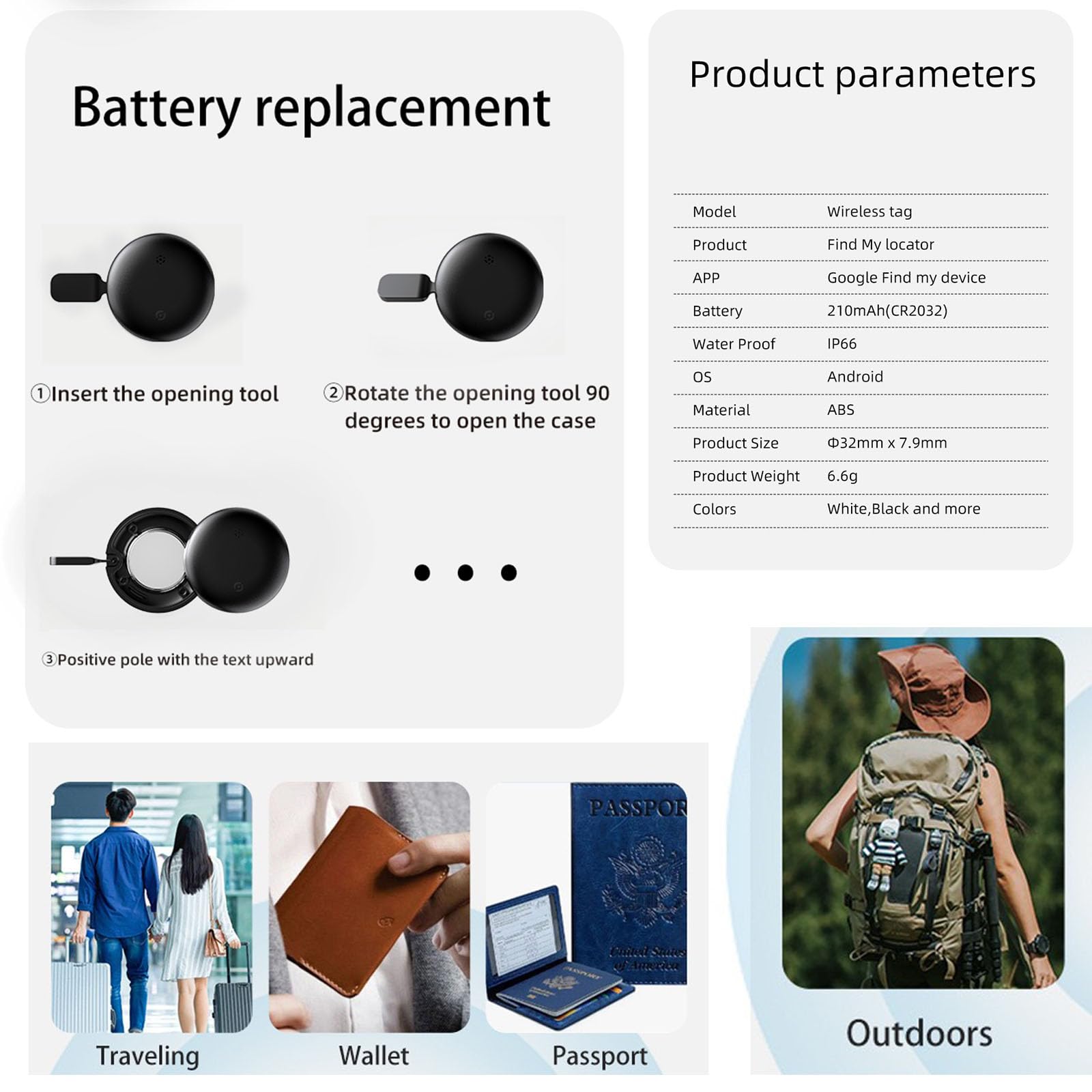 JieWeiXun Localisateur GPS mondial ultra fin pour clés/portefeuille/bagages via Google Find My Network (Noir, 4 pièces)