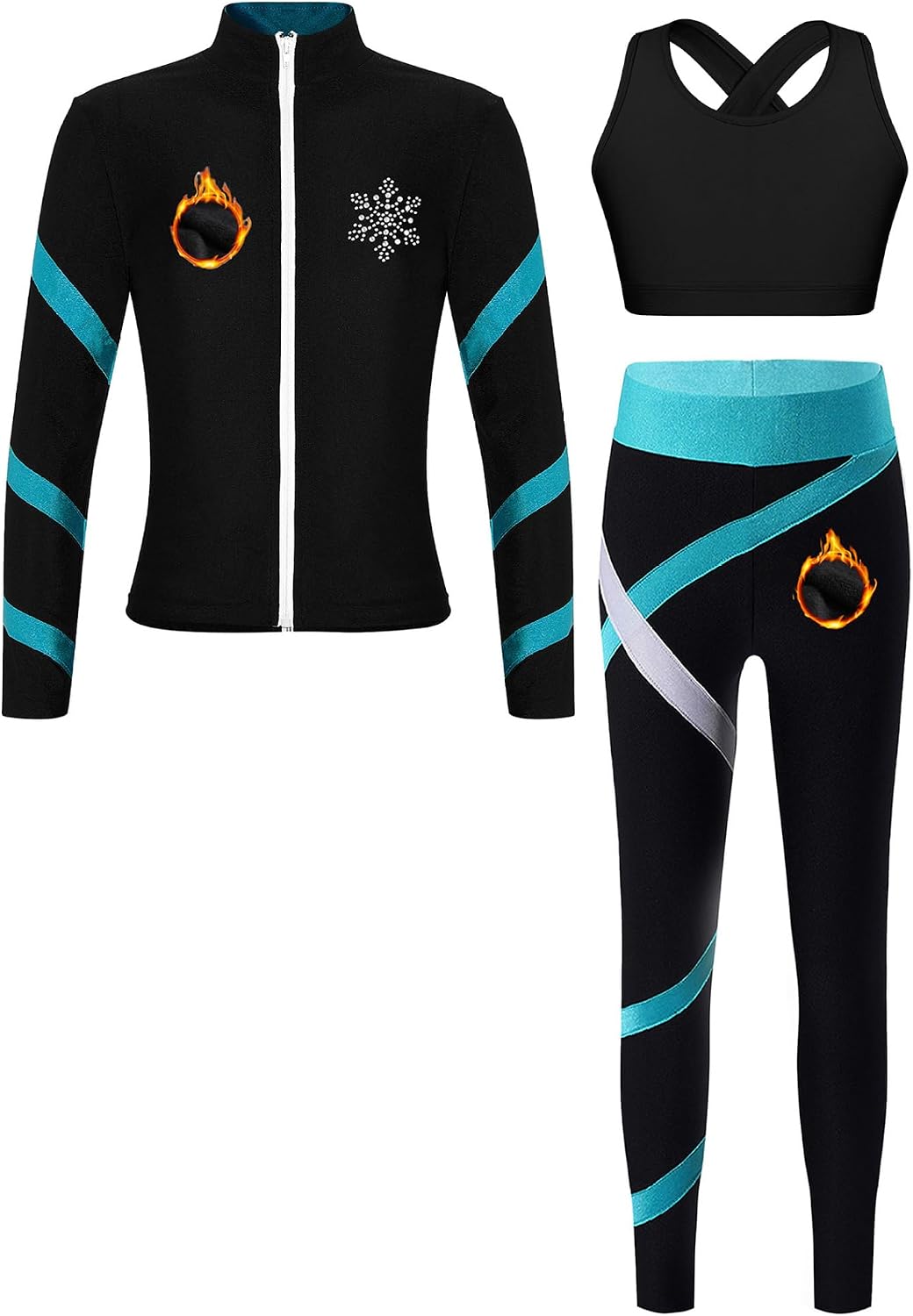 Kids Girls 3Pcs Sports Outfits Fleece Jacket Crop Top with Athletic Leggings Set for Figure Skating