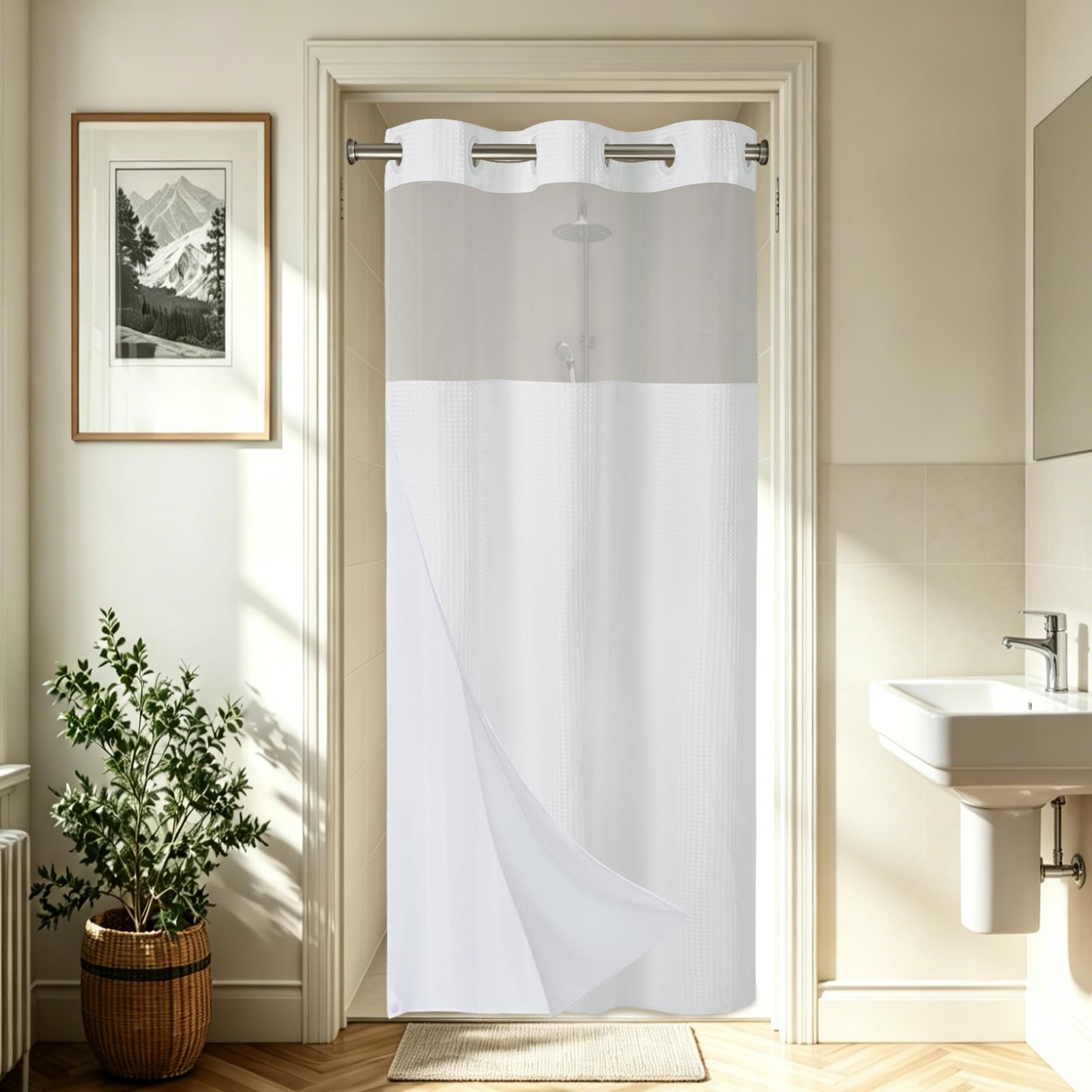 EUTXL Tenda da doccia senza gancio con fodera a scatto, 230 g/m², tessuto a nido d'ape per bagno, 91 x 188 cm, bianco