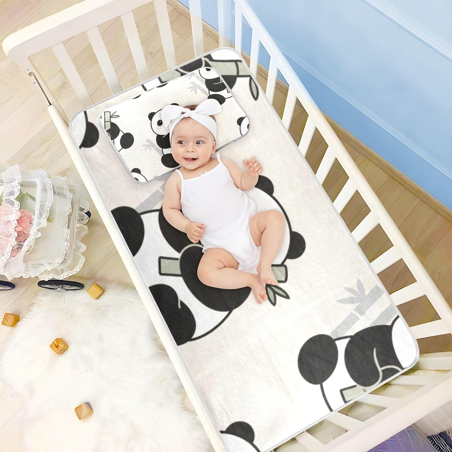 Cute Cartoon White Panda Cooling Baby Bed Mattress Cover 28" x 52" Washable Pads for Bed Washable for Baby&Toddler