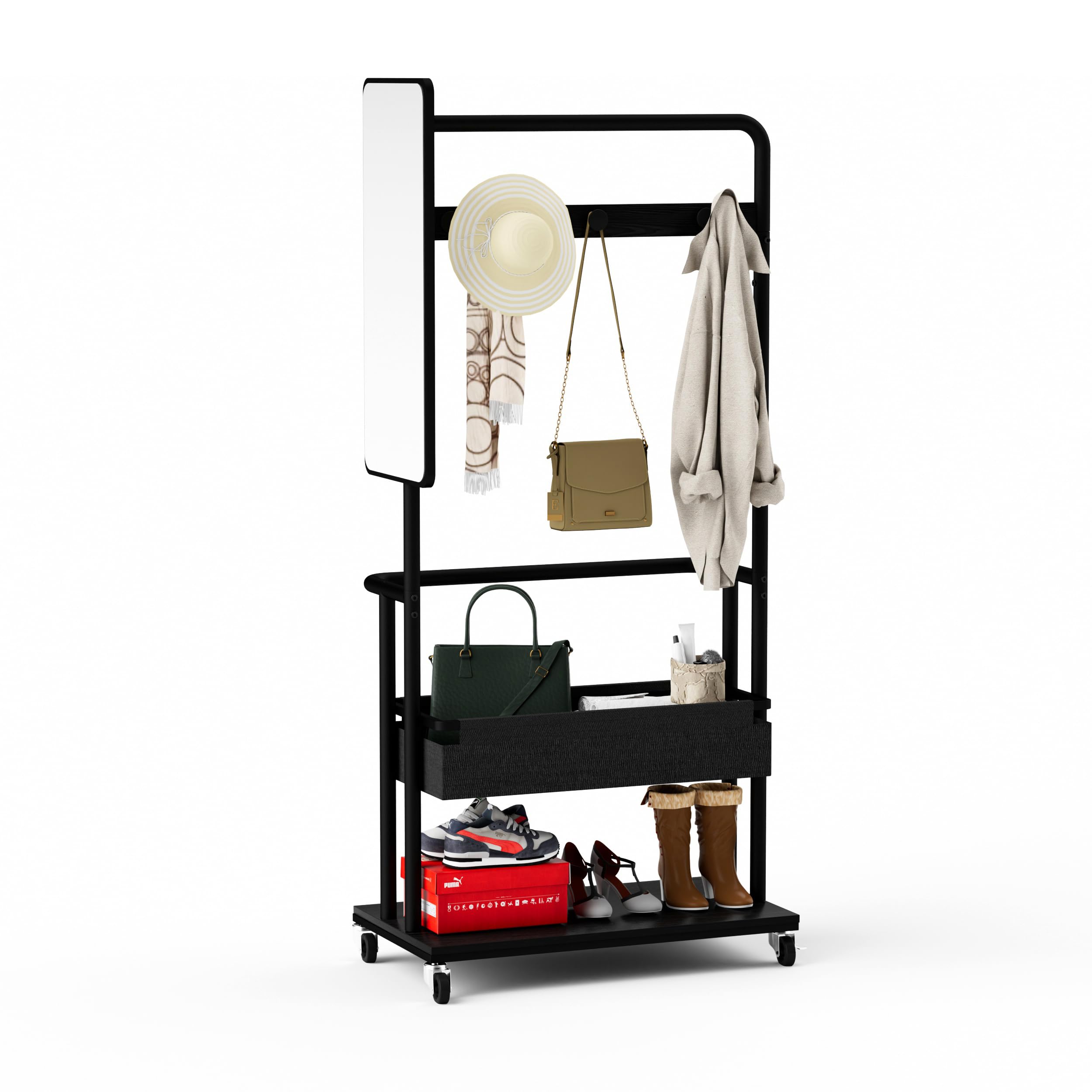 Robuster Kleiderständer aus Metall mit Rollen, 3-in-1-Design mit Korb und Spiegel, Kleiderbügel, mobiler Kleiderständer mit Rollen, geräumiger Garderobenständer, Schwarz, 70 * 40 * 170cm