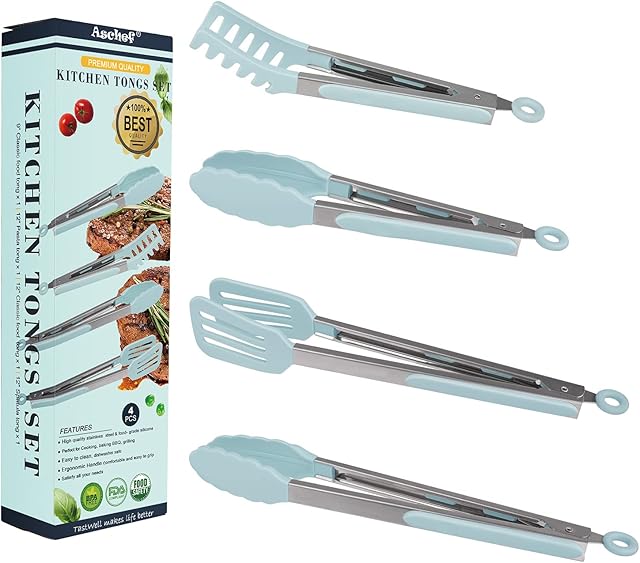 4in1 Silicone Kitchen Cooking Tongs Set, BPA Free Heat Resistant Food Tong Clip with Smart Locking & Support for BBQ Toaster Salad Pasta Steak Pie Pizza Spaghetti Buffet Fruit Vegetable Serving Clamp