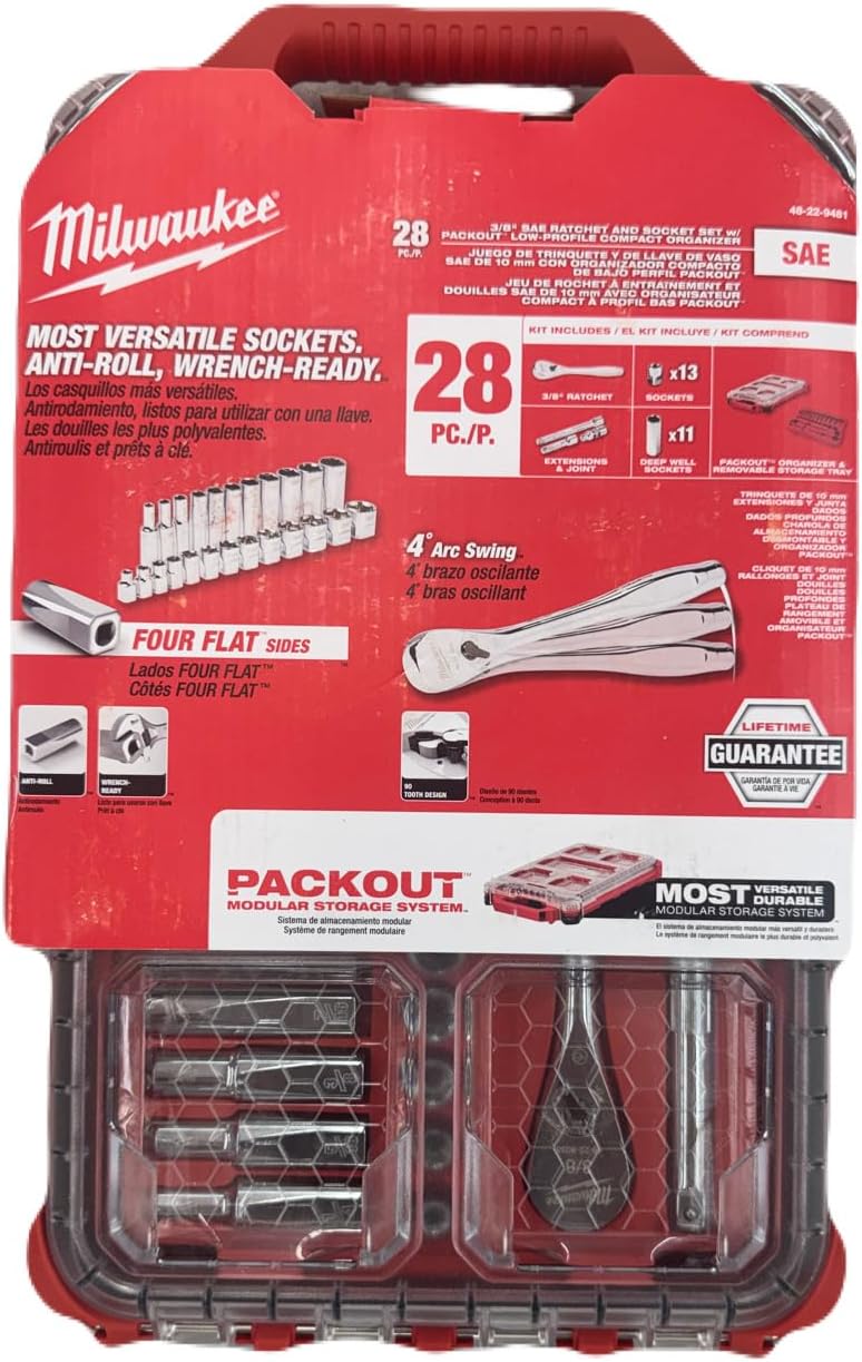 Milwaukee 48-22-9481 28-Piece 3/8 in. Drive SAE Ratchet and Socket Set with PACKOUT Low-Profile Compact Organizer