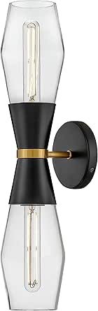 Lark Livie 83902BK Tall Wall Sconce, Optional Vertical or Horizontal Mount, On/Off Button, Damp-Rated, Black and Lacquered Brass