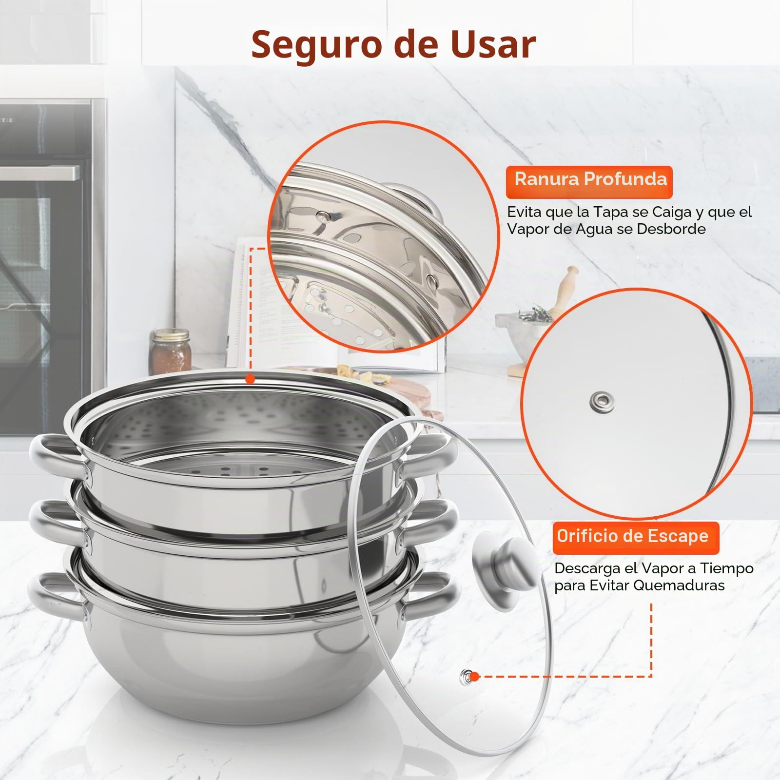 MINRS Olla de vapor de 3 capas, Vaporera para Olla, con tapa de cristal, 28 cm, acero inoxidable, multifunción, para cocinas de inducción, estufas eléctricas de cerámica, hornos eléctricos o de gas