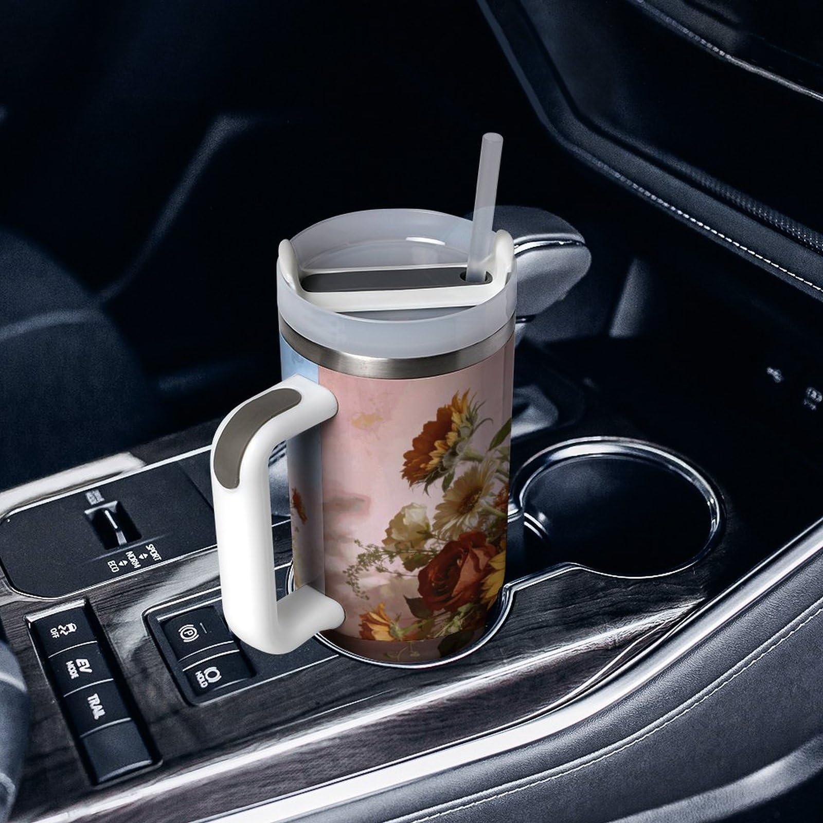 Vaso de café de viaje floral bohemio de acero inoxidable, taza de café con tapa y popote, taza con asa, gran capacidad, doble pared al vacío, taza térmica de café helado, 40 onzas