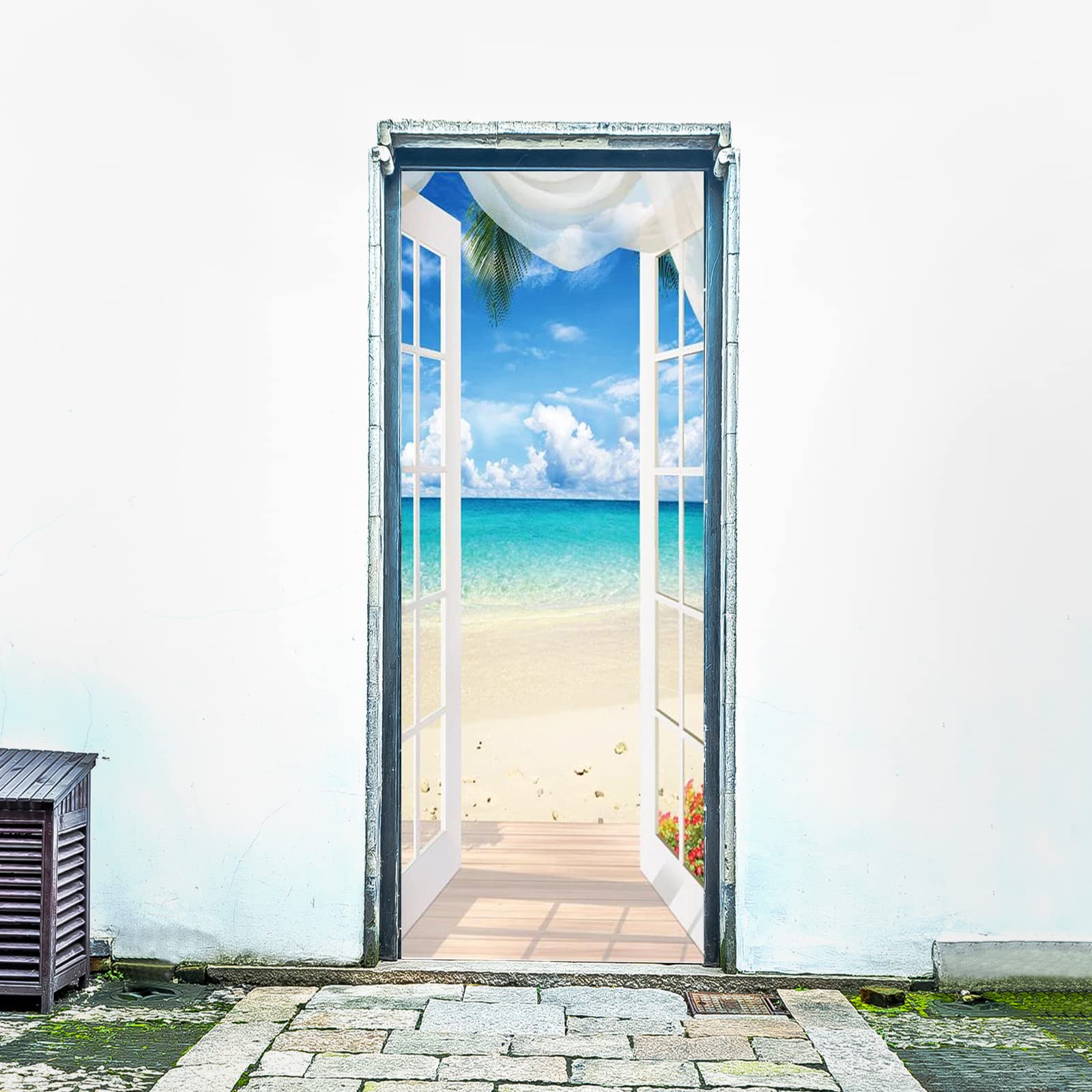 Adesivo Murale Per Porta 77x200 Cm – Paesaggio Marino Blu Spiaggia, Autoadesivo 3D Per Soggiorno, Poster Moderno