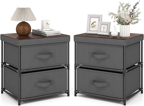 Miniatura 39 de GOFLAME Cómoda de tela con 2 cajones, mesita de noche para dormitorio, mesita de noche con contenedores y asas de tela extraíbles, mesa auxiliar