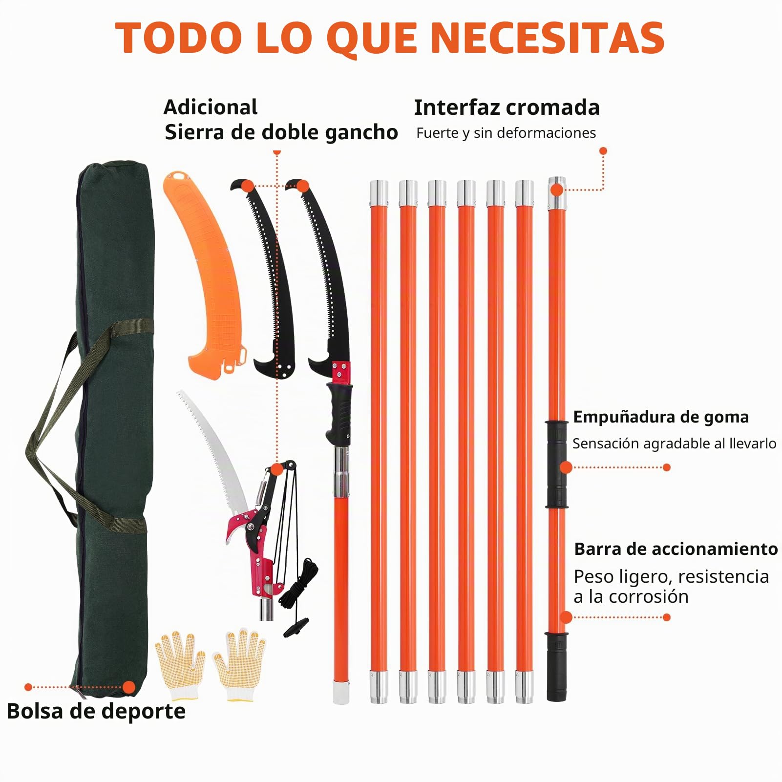 Sierra de poste manual, podadora de árboles extensible de 7 a 27 pies, hoja de acero afilada y tijeras, podadora de ramas altas, recortadora de ramas con 8 asas ligeras de fibra de vidrio, para podar