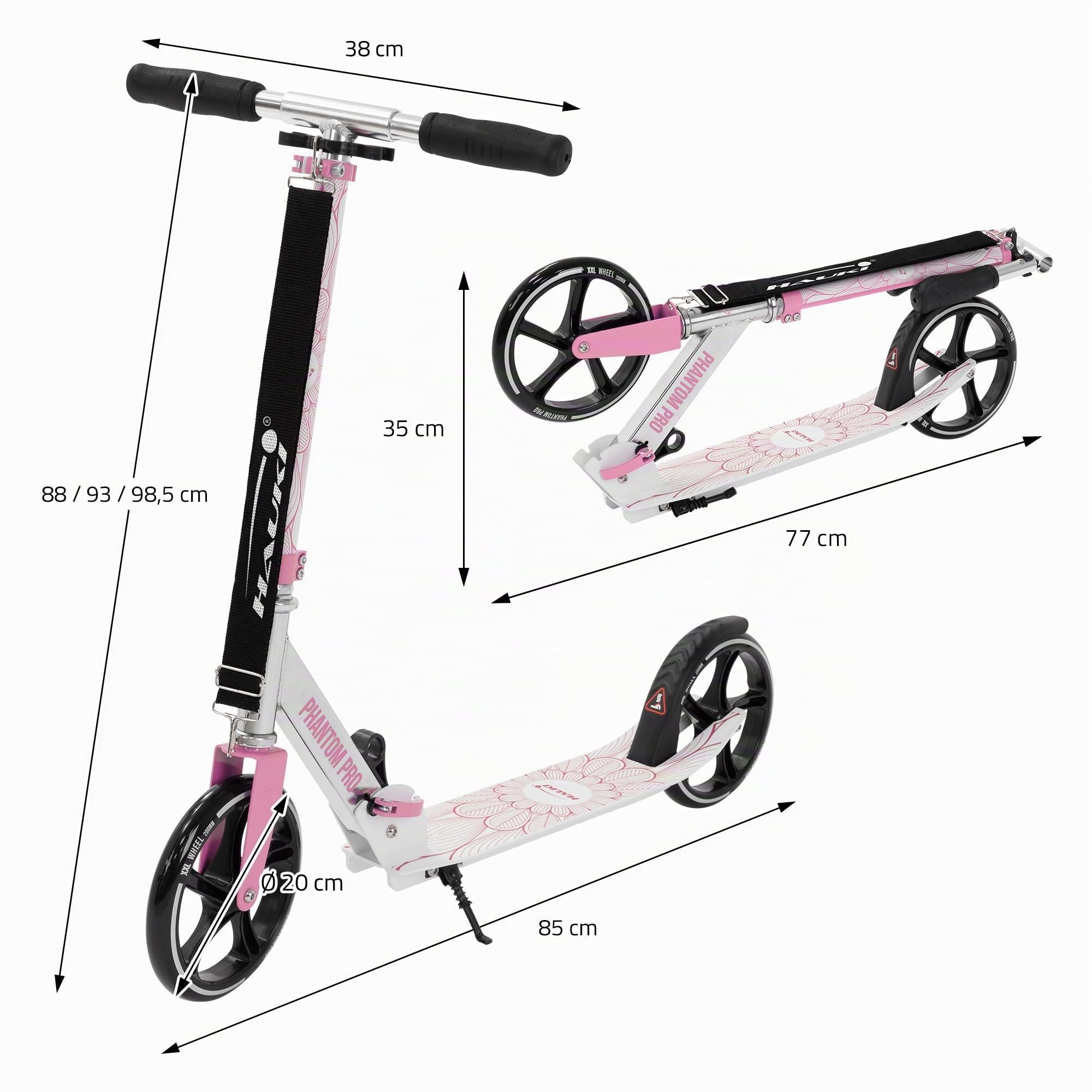 Hauki Cityroller Scooter Vert/Rose, Trottinette Pliable et Réglable en Hauteur, Roues XXL, Frein Arrière à Pédale, pour Enfants Adultes, Modèle Urbaine avec Béquille Sangle Transport Sécurité Stable
