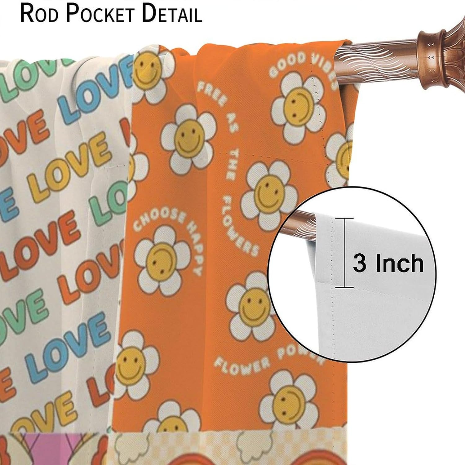 70s Vintage Flower Blackout Curtains for Kitchen,Vintage Rustic Abstract Hippie Sun Rainbow Groovy Ripple Art Rainbow Patchwork Window Drapes Print for Kids Girls Bedroom Living Room 72x63in