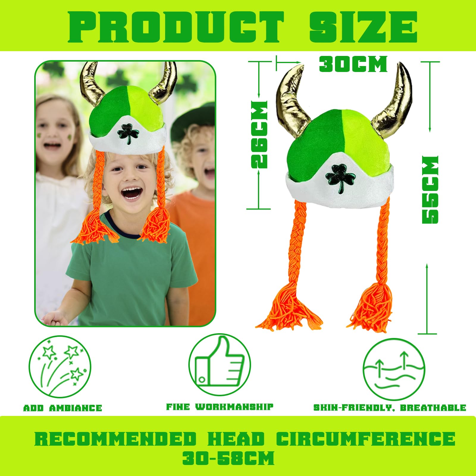 Irish Hat Cute with Braids Horns,St Patricks' Day Paddy's Day Hat Accessories,Deluxe Leprechaun Top Costume Headwear Velvet Hats,Irish Fancy Dress Costume Accessory Cosplay for Men and Women - Image 2