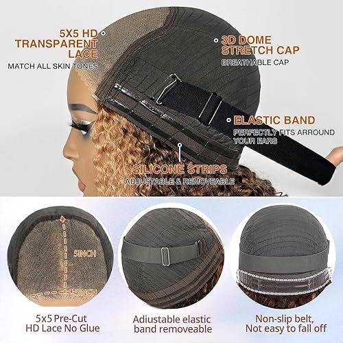 Miniatura 10 de Pelucas frontales de cabello humano ondulado 5x5 HD con cierre de encaje, cabello humano prearrancado con abuelitos, densidad del 180%, pelucas de