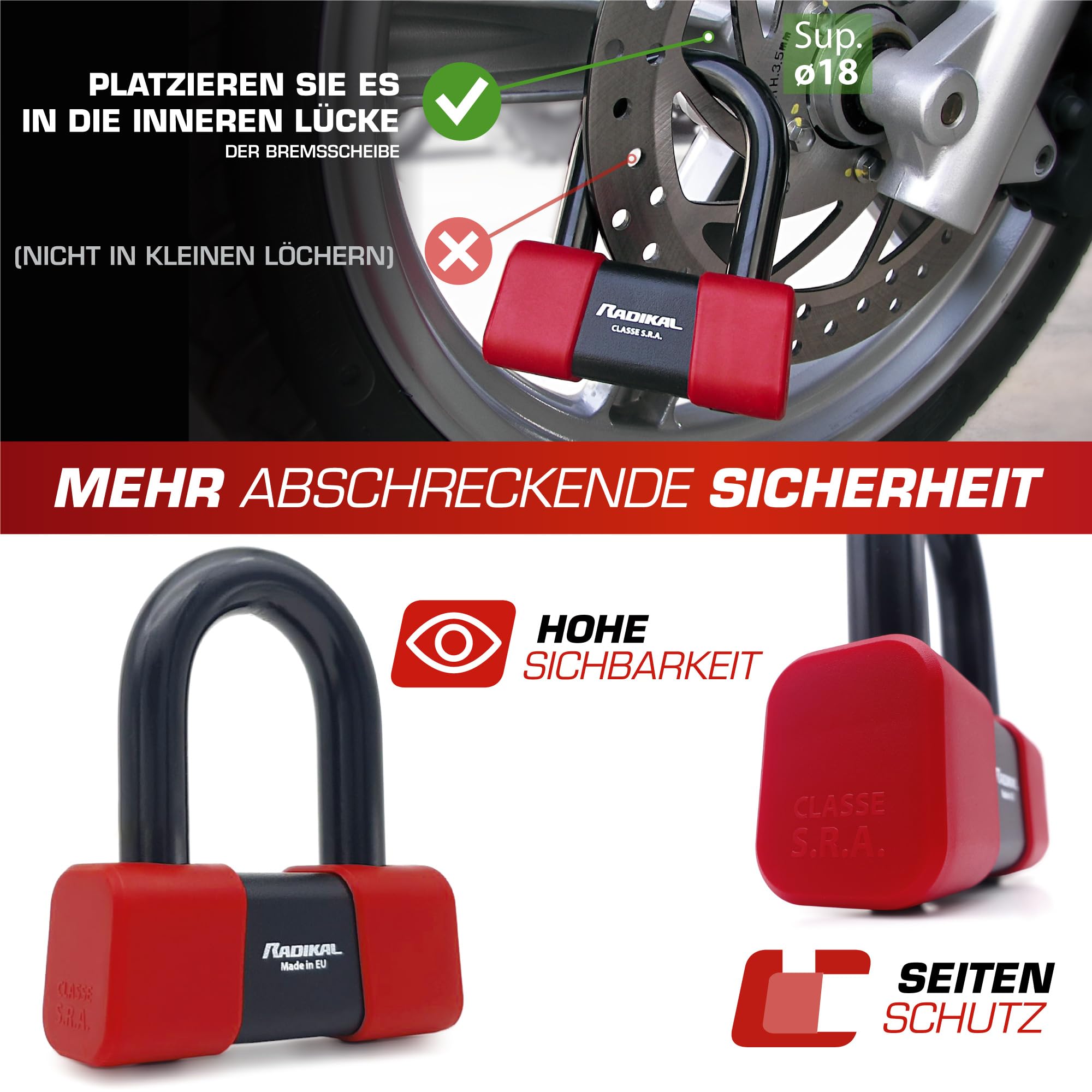 RADIKAL RK48100 Sicherheitskette mit Vorhängeschloss 13,5 ø 100 cm + 18 ø Scheibenschloss Hochsicherheits-Diebstahlsicherung SRA-Zulassung, Schwarz und Rot