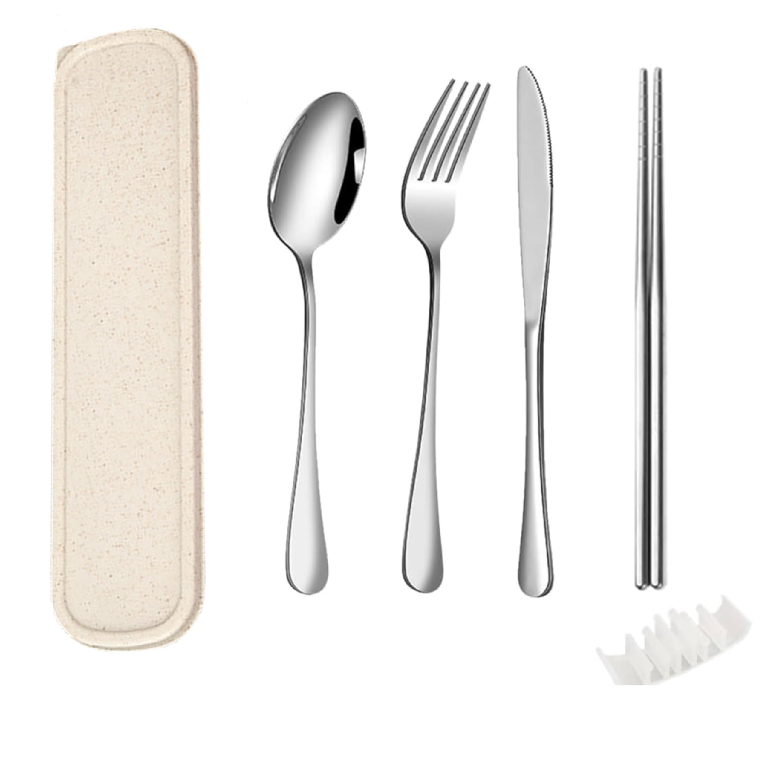 QZLSAYSL Travel Cutlery, Reusable Cutlery Box, Suitable for School, Travel, Camping - 7-Piece Set (Beige-（Chopsticks）)