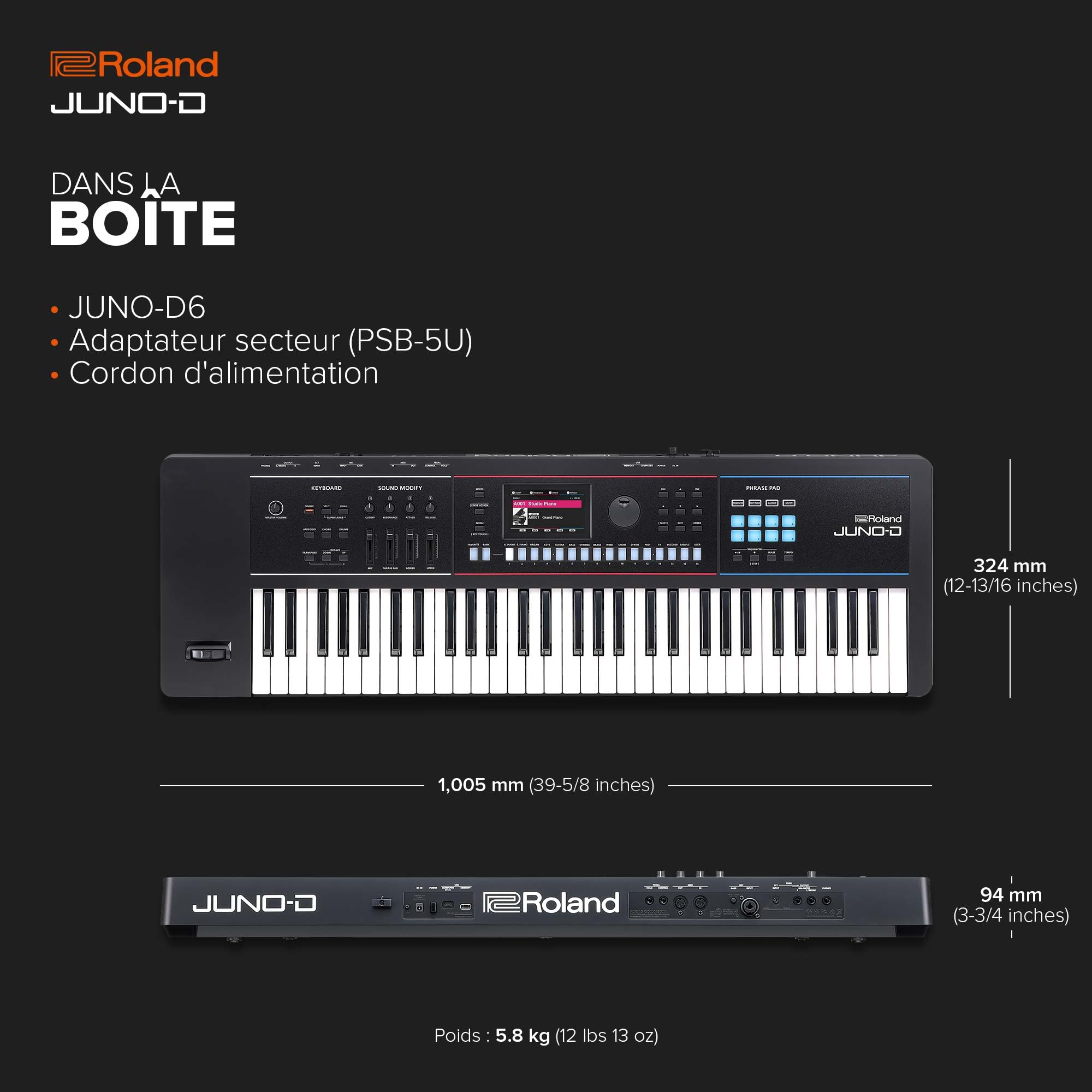 Synthétiseur JUNO-D6 Roland | Clavier à 61 touches à action de synthé | Générateur ZEN-Core avec plus de 3800 sons intégrés | Outils créatifs intuitifs | Audio/MIDI par USB-C