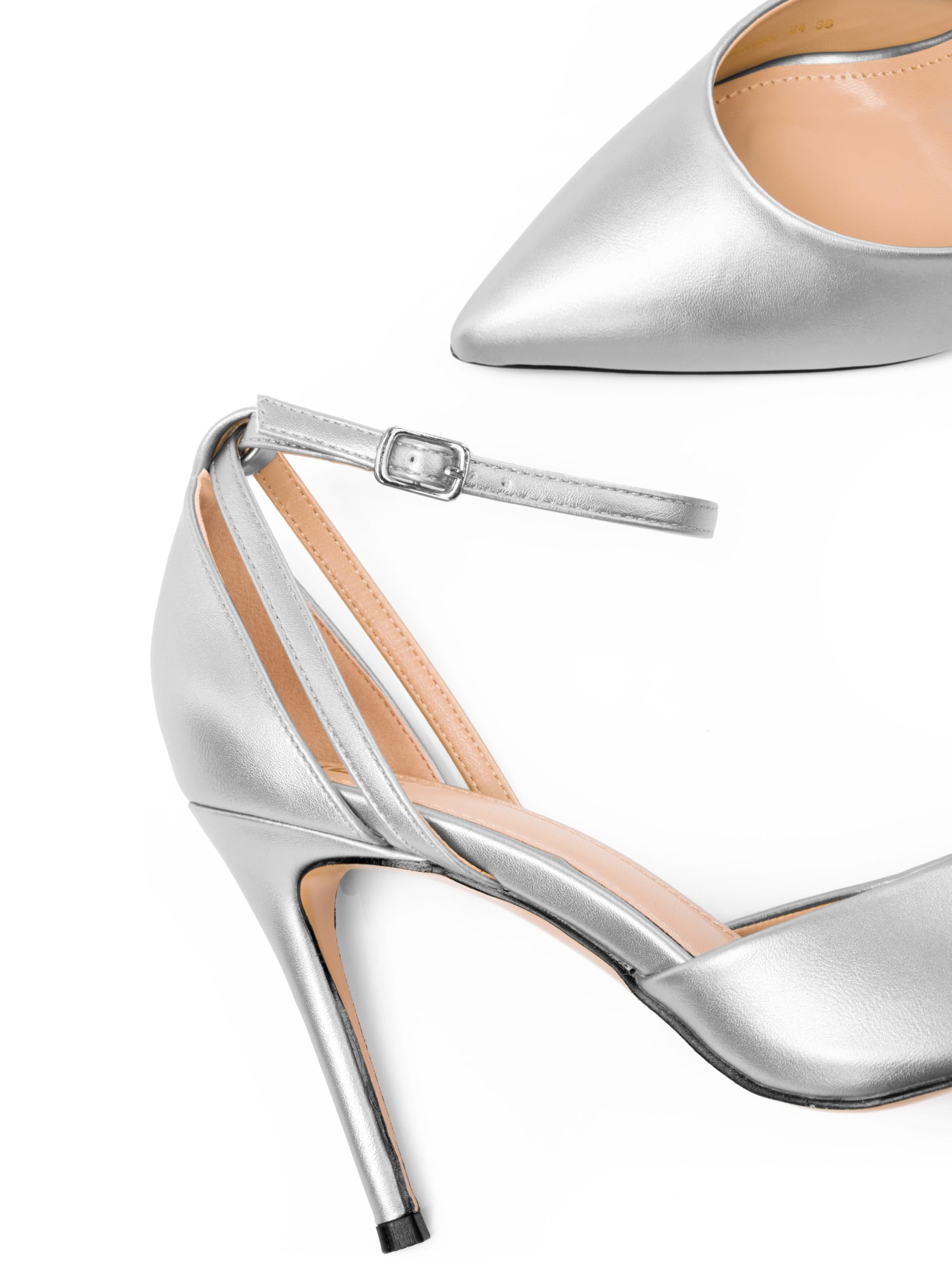 Scarpe con Tacco, Decollete con Tacco a Spillo, Argento/Bianco/Beige/Nero, 8.5 cm, Ecopelle Verniciata, High Heels, Décolleté a Punta, Cinturino alla Caviglia, 8194