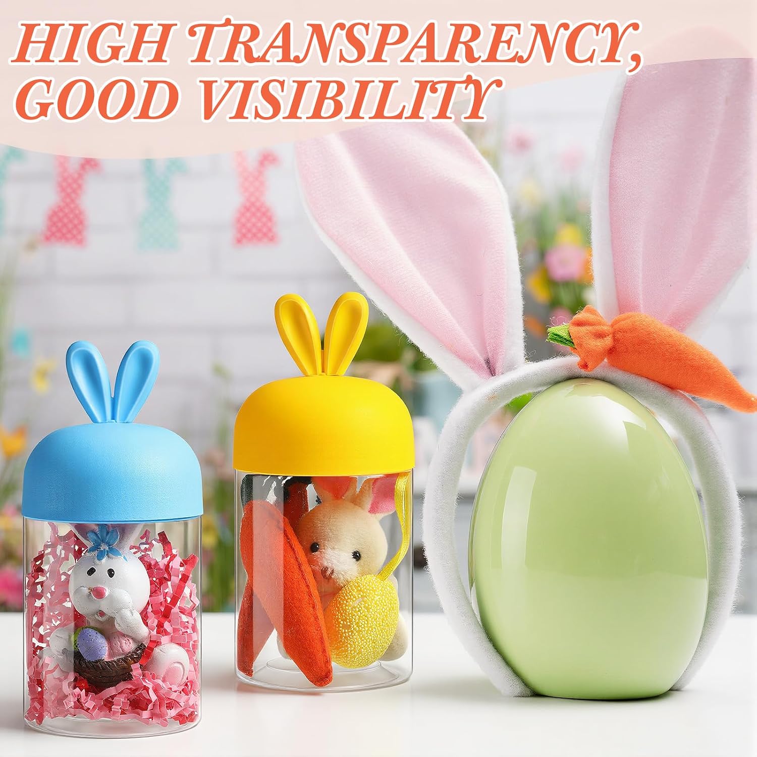 Mimorou 12 Pcs Easter Plastic Jar with Bunny Ear Cap Clear Candy Jar Easter Decorations Food Storage Canister for Party Gift Chocolate Candy Sweets Mini Eggs Table Decoration (5 Color)