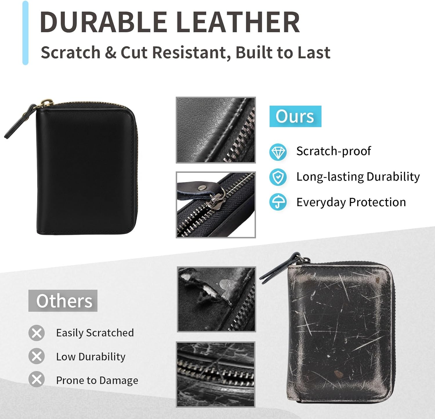 RFID Blocking Leather Credit Card Holder with 13 Card Slots, Top Grain Textured Cowhide Small Zipper Wallet for Women and Men, Compact ID and Cash Holder for Travel Business (Black - Image 5