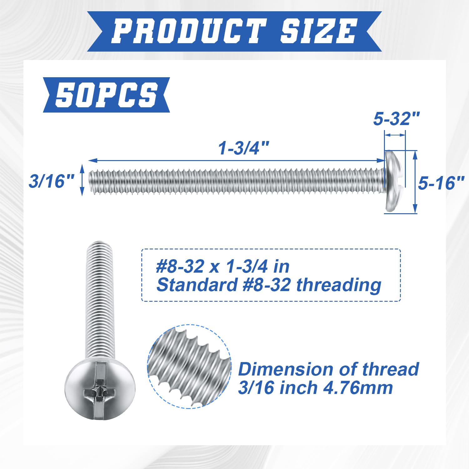 Zonon 50 Pack 8-32 x 1-3/4" Cabinet Machine Screws Zinc Phillips Round