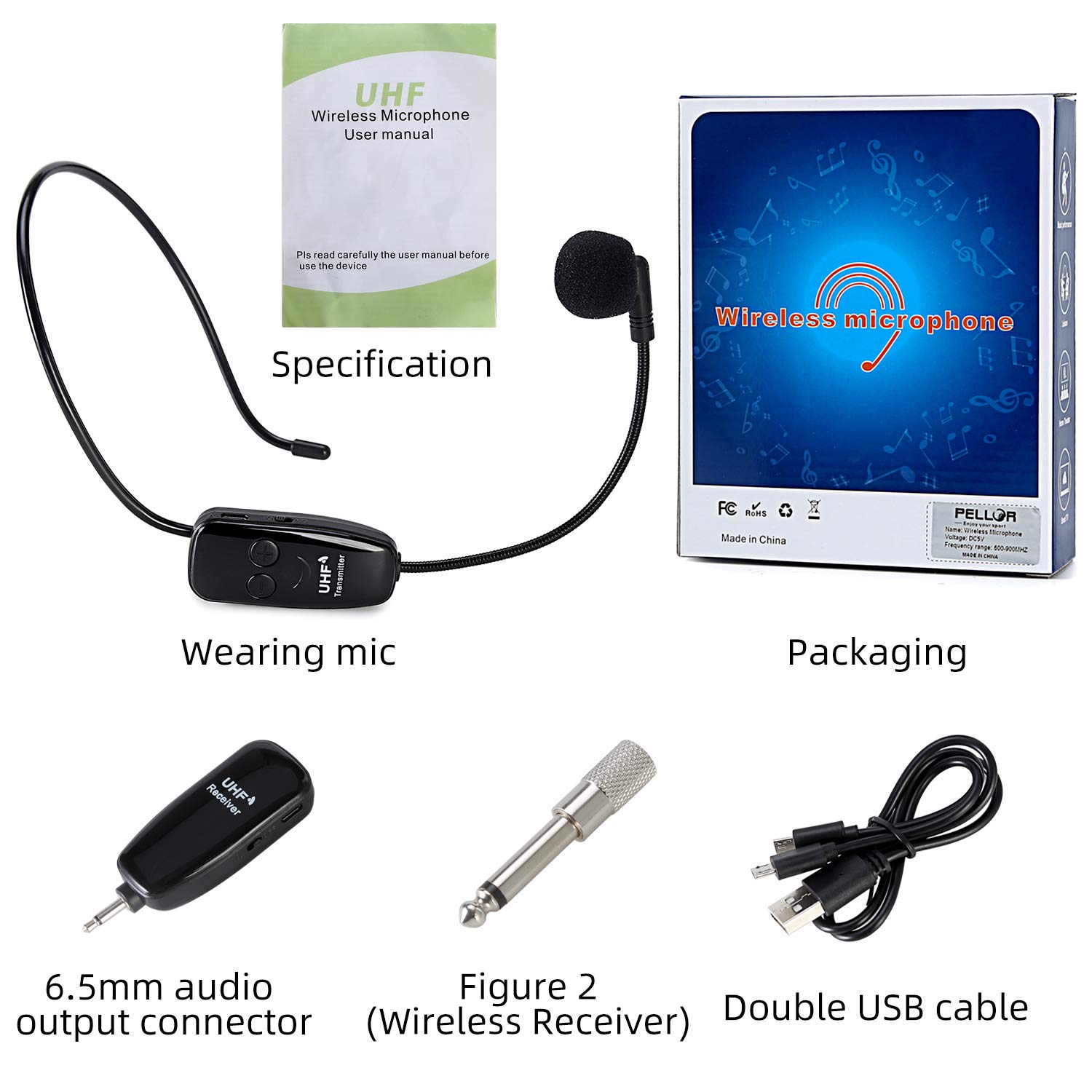 Wireless UHF Mikrofon, Professionell Kabellos Wiederaufladbar Mikrofon Headset Sprachverstärker Head Mounted Microphone Voice Amplifier mit Empfänger Receiver