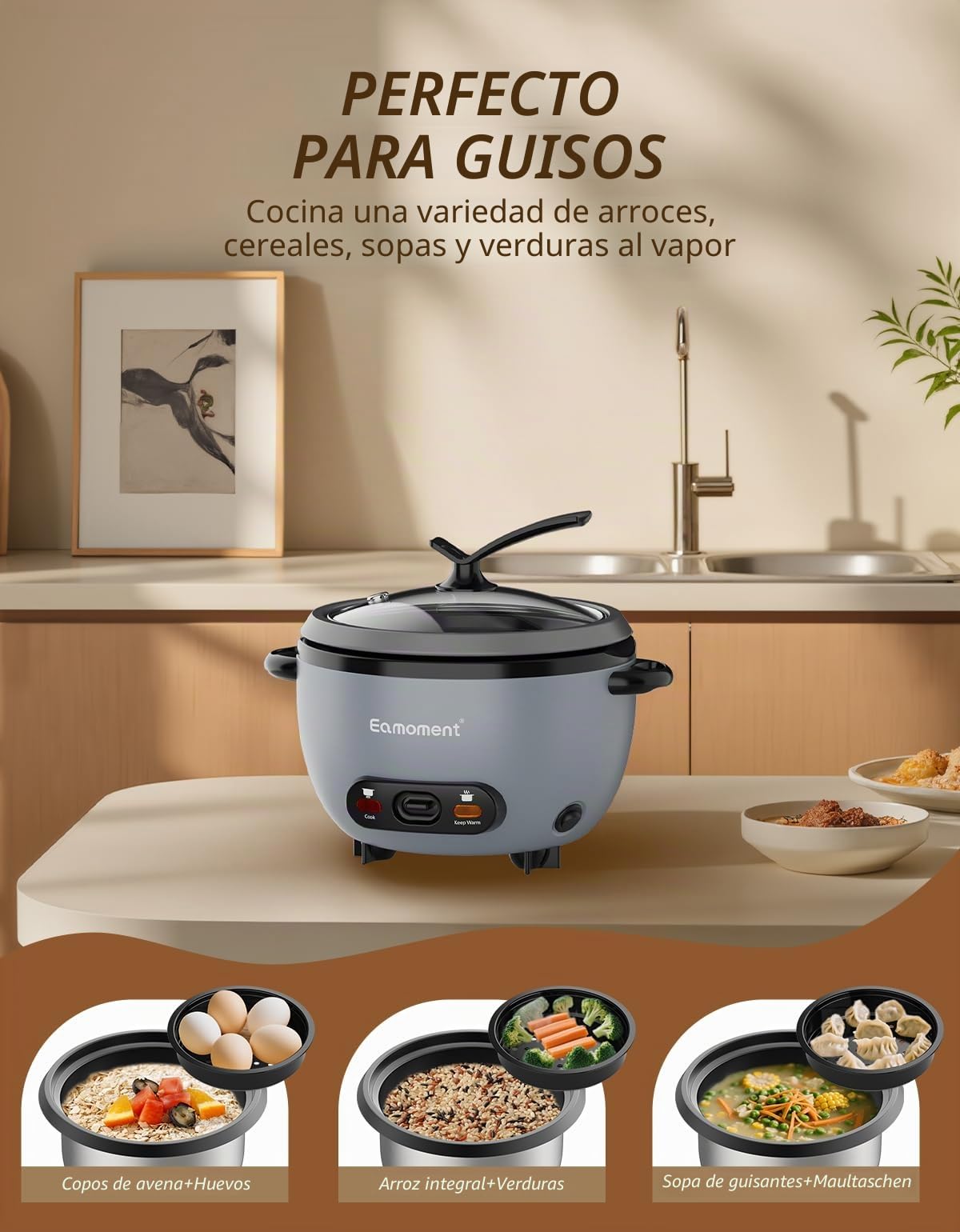 Arrocera 1L con Vaporera, Antiadherente, Plata, 400W | 1L Arrocera antiadherente, vaporera, mant. caliente, tapa vidrio, 1-5 p., cubeta extraíble, incl. taza medidora y espátula