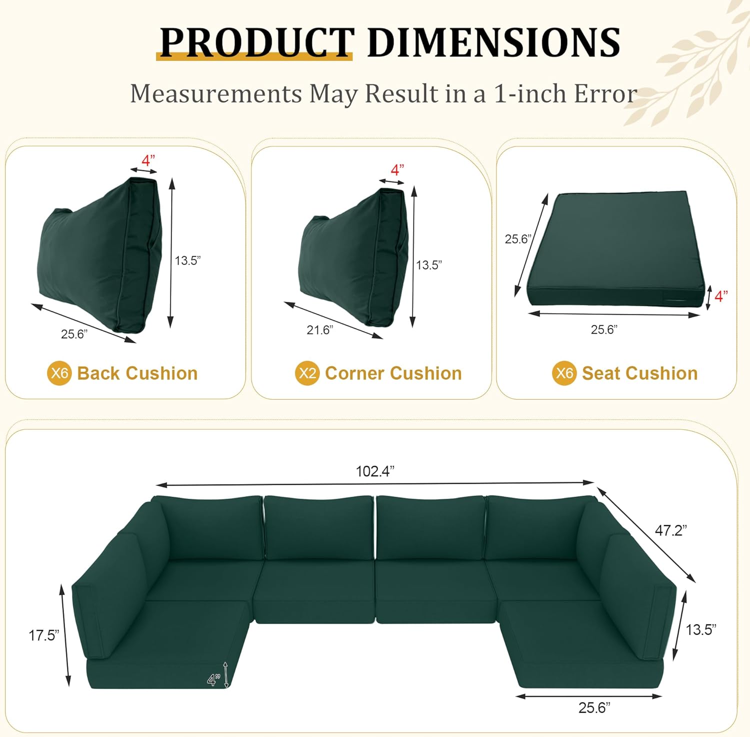 14 Piece Outdoor Replacement Cushions for 6-Seat Patio Furniture Outdoor Sectional Cushions Replacement Patio Sofa Cushion, Dark Green