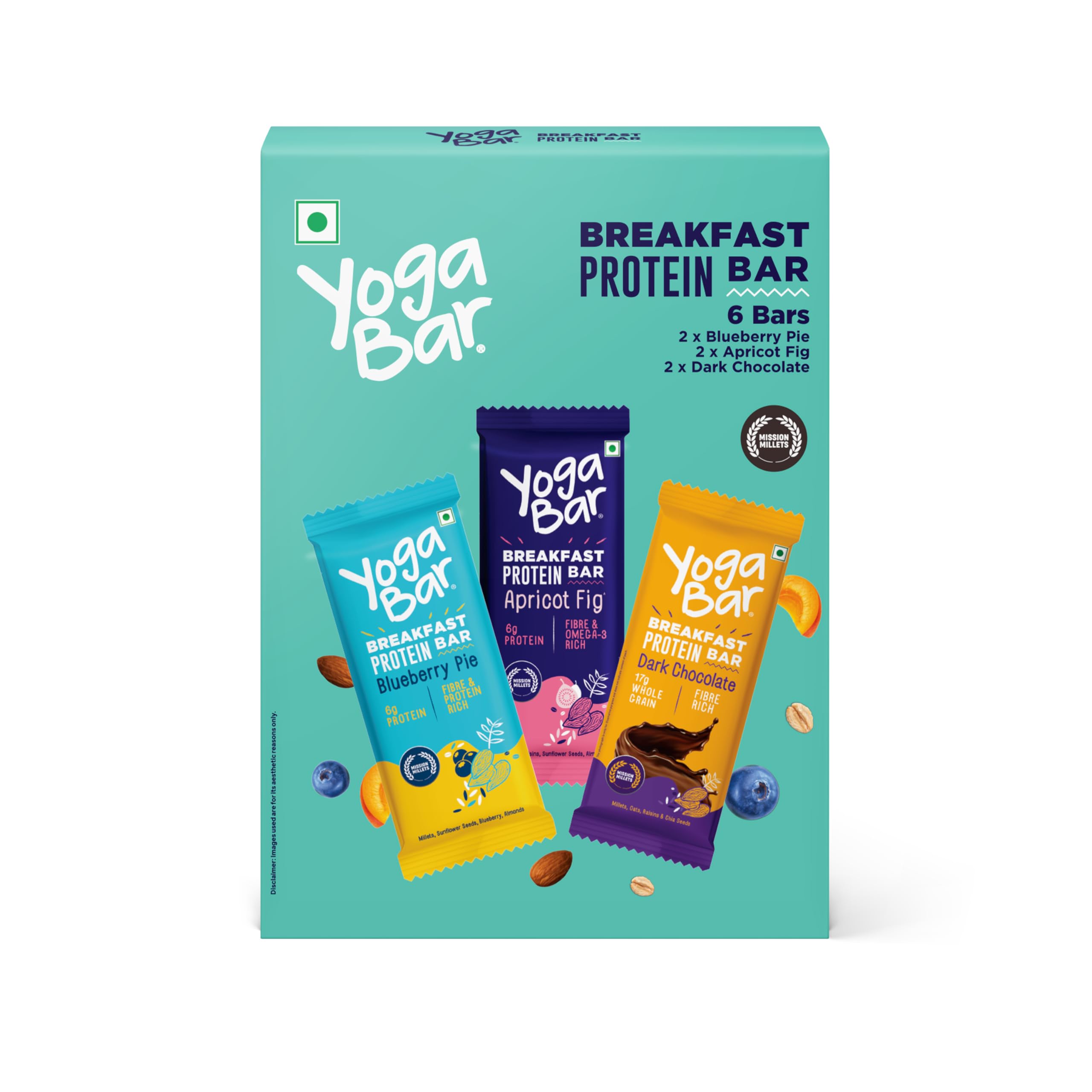 Yogabar Breakfast Protein Variety (1 X Almond Coconut, 2 X Apricot & Fig, 2 X Blueberry, 1 X Apple Cinnamon Bars - 300Gm, 6 X 50 G (Box Of 6 Bars)) 2 Count (Pack Of 6)