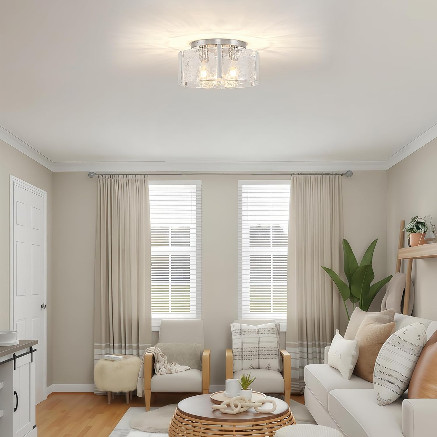 14.9 Inch Modern Semi Flush Mount Ceiling Light, Nickel Glass Ceiling Light Fixture 3-Light Kitchen Island Light Fixtures Ceiling Light for Foyer Hallway Bedroom Laundry Entryway Lighting Fixtures