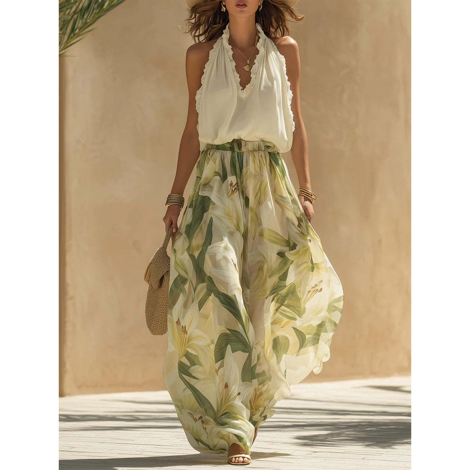 Tenue sexy 2 pièces pour femme, dos nu, col en V, volants, haut dos nu, imprimé floral, jambes larges, ensemble d'été décontracté pour les vacances