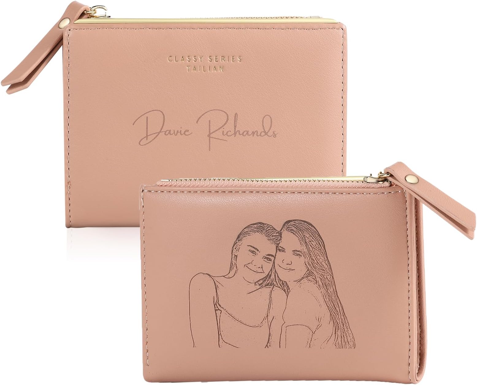 – Personalised Wallet for Women Engraved Photo Names Small Bifold Wallet with Zipper Coin Pocket for Mum Girlfriend Christmas Personalised Gifts (##Pink)