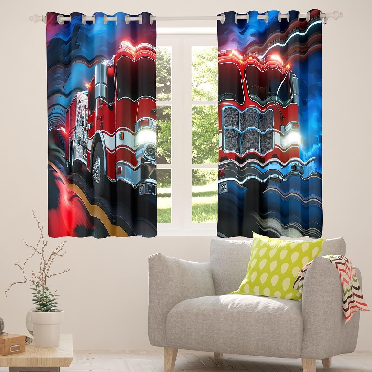 Fire Truck Window Curtains,Firefighter Car Curtain,Firemen Engine Vehicle Window Drapes for Kid Teens Boys Young Man,Modern Bedroom Decorative,3D Red Fire Truck Curtain,84Wx84L