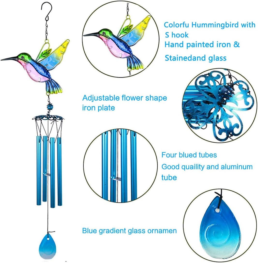 Evealyn Outdoor Hummingbird Wind Chimes, Indoor Handing Stained Glass Metal Music Beautiful Wind Chimes for Home, Balcony,Window, Garden, Yard, Patio, Lawn Decoration (Blue Hummingbird)