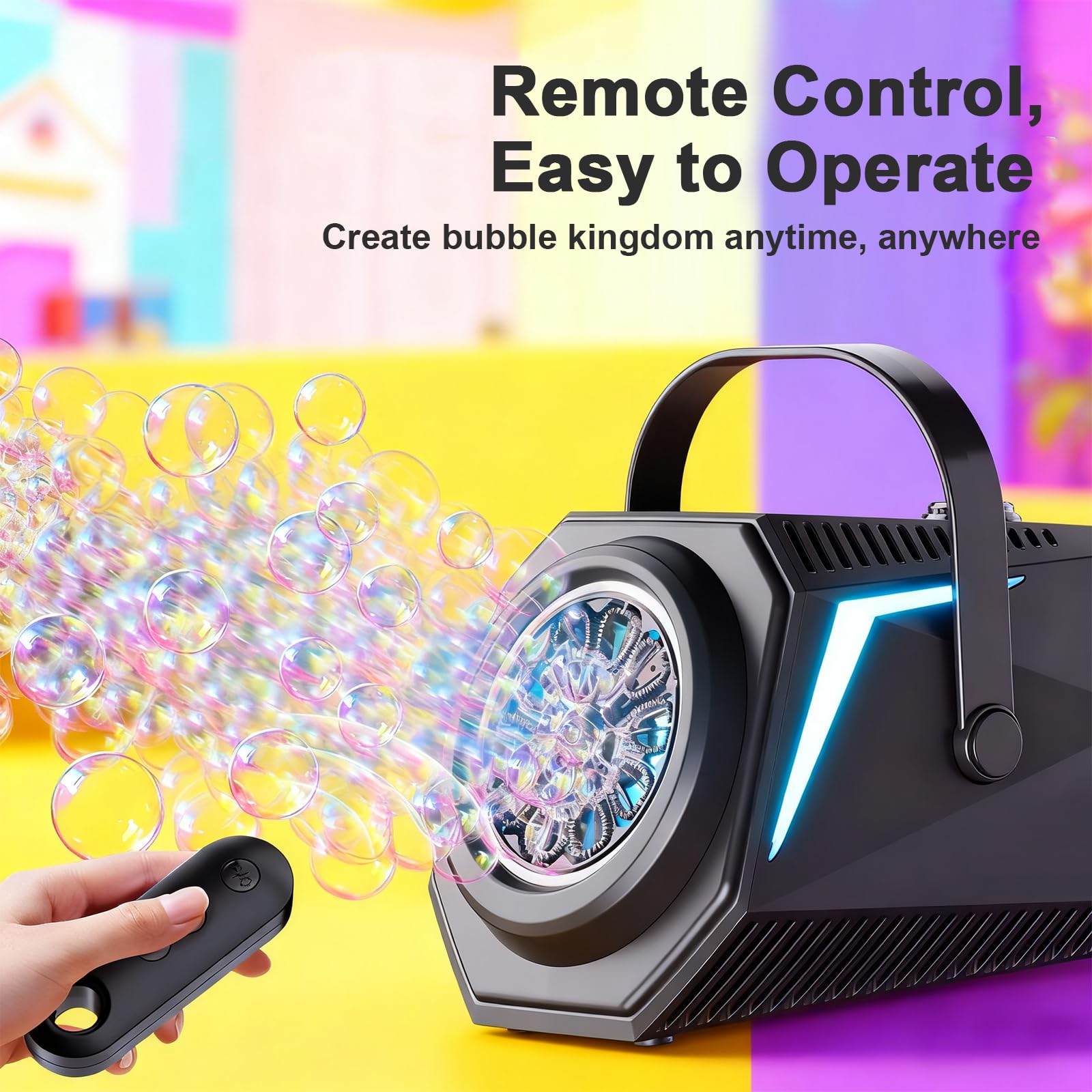 Macchina per Bolle con Telecomando & Luci RGB, 1800mAh Batteria Ricaricabile USB-C, Automatica e Portatile per Bambini, Matrimoni, Feste di Compleanno, Natale (Nero)