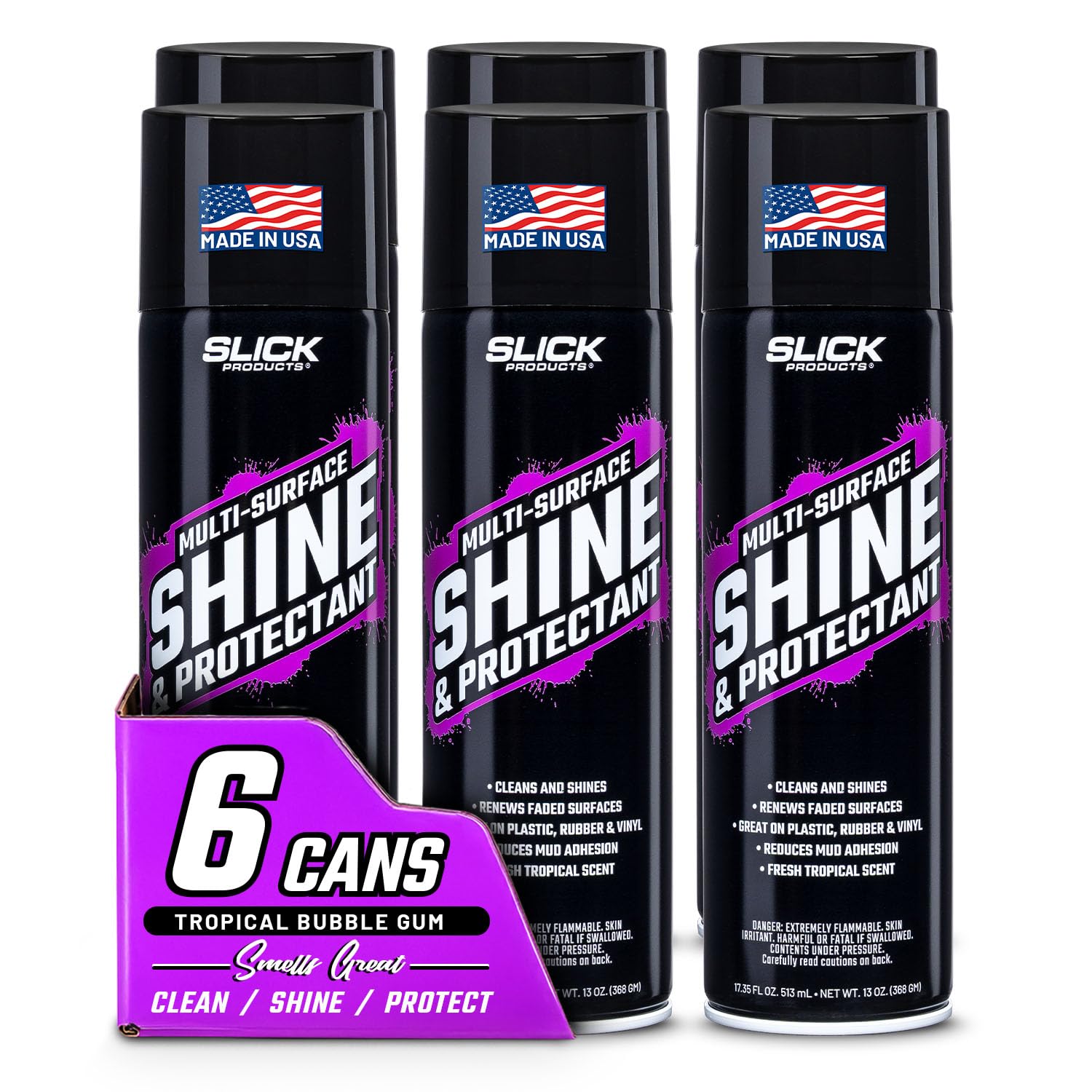 Slick Products Shine & Protectant High Gloss Coating Spray (6-Pack) | Shines, cleans, protects and renews plastic, vinyl, rubber, fiberglass, trim and tires; deep wet-look finish; UV protection