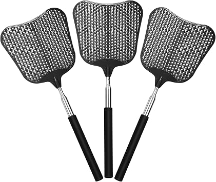 Telescopic Fly Swatter, Hiway 3 Pack Fly Swatter for Indoors Plastic Flyswatter Heavy Duty with Stainless Steel Telescopic Handle