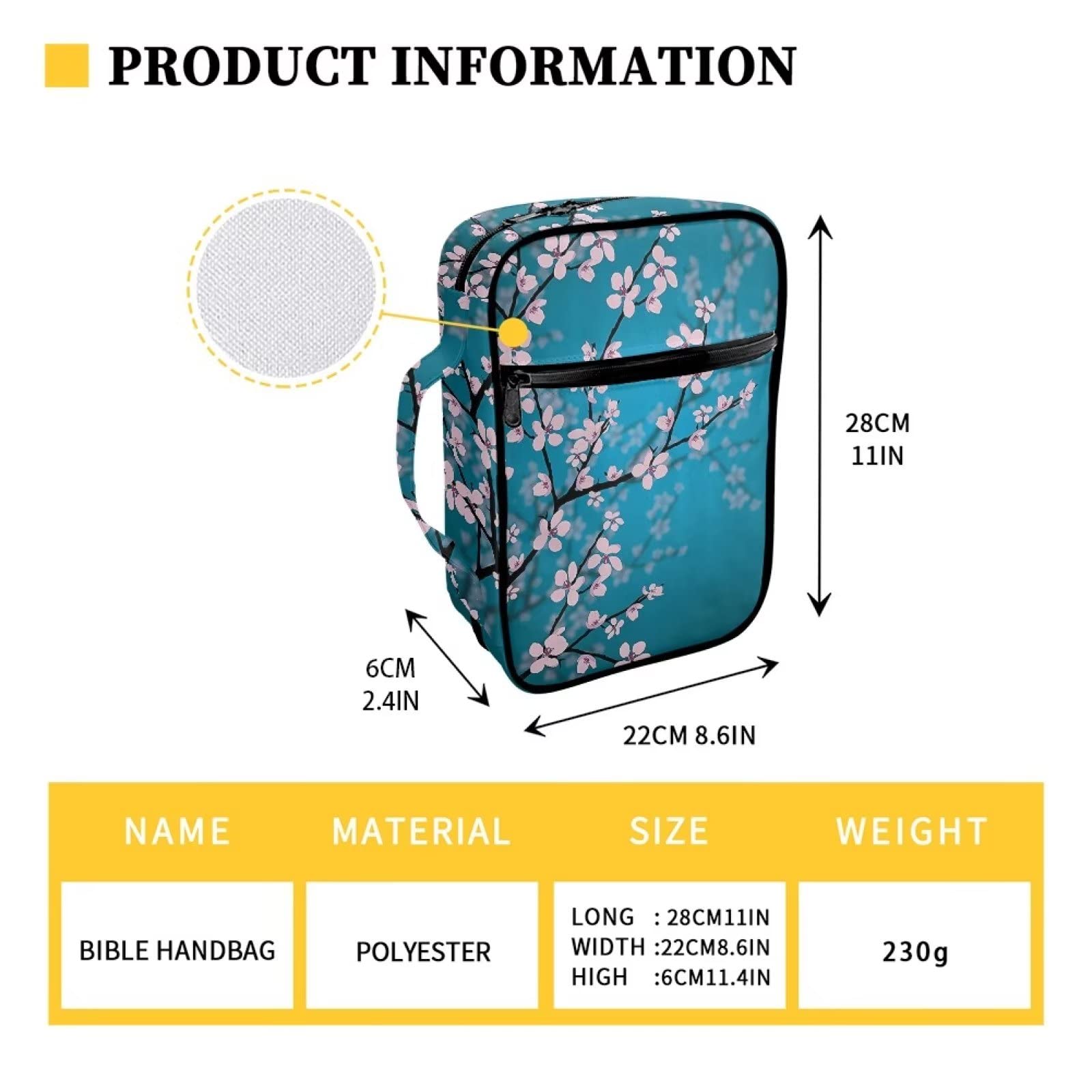 ZIATUBLES Plum Blossom Print Bible Covers Bible Case Large Capacity Bible Bag with Handle Bible Tote Bag Zipper Pocket for Women Men Bible Cover for Bible Study Supplies - Image 3