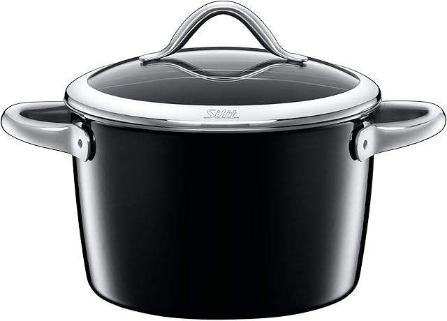 Silit Vitaliano Nero garnek do gotowania, duży 22 cm, szklana pokrywka, garnek do mięsa, indukcja 4,7 l, ceramika funkcyjna Silargan, czarny
