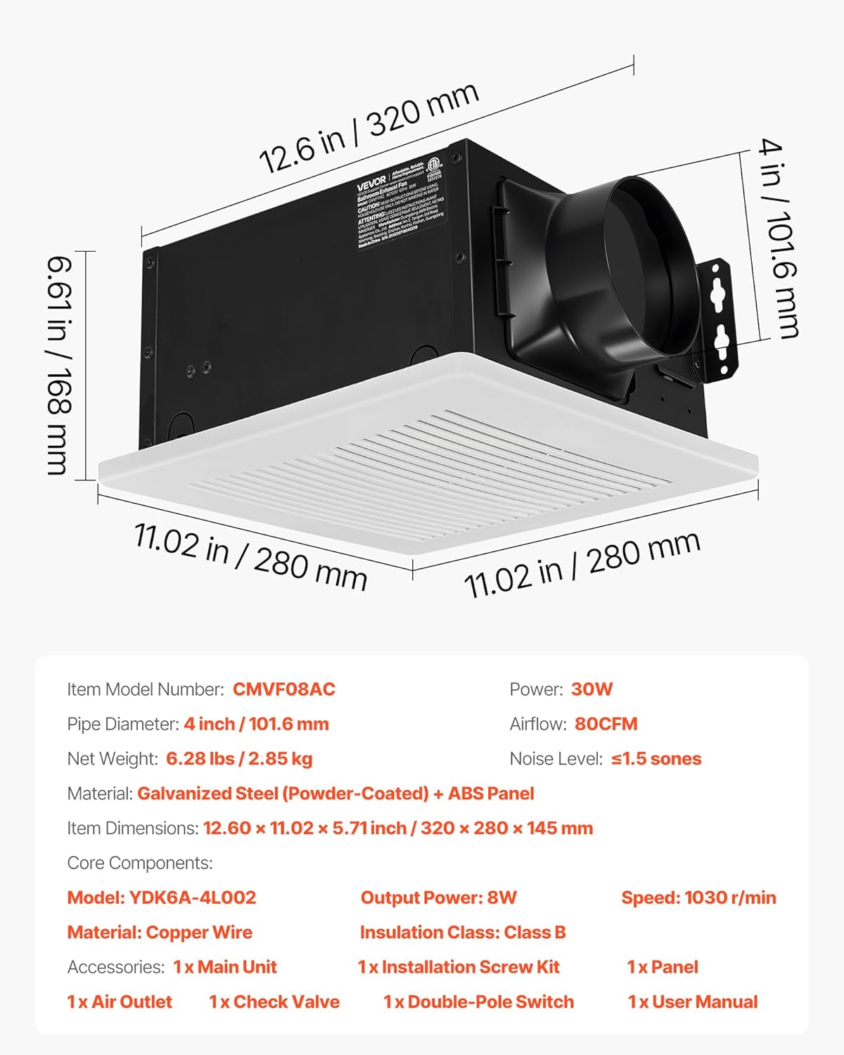 VEVOR Bathroom Exhaust Fan, 80 CFM Bathroom Vent, Low-Noise, Premium Motor Ceiling Fan, Standard 4-inch Duct Interface for Laundry Room, Storage Room, Home Ventilation, White