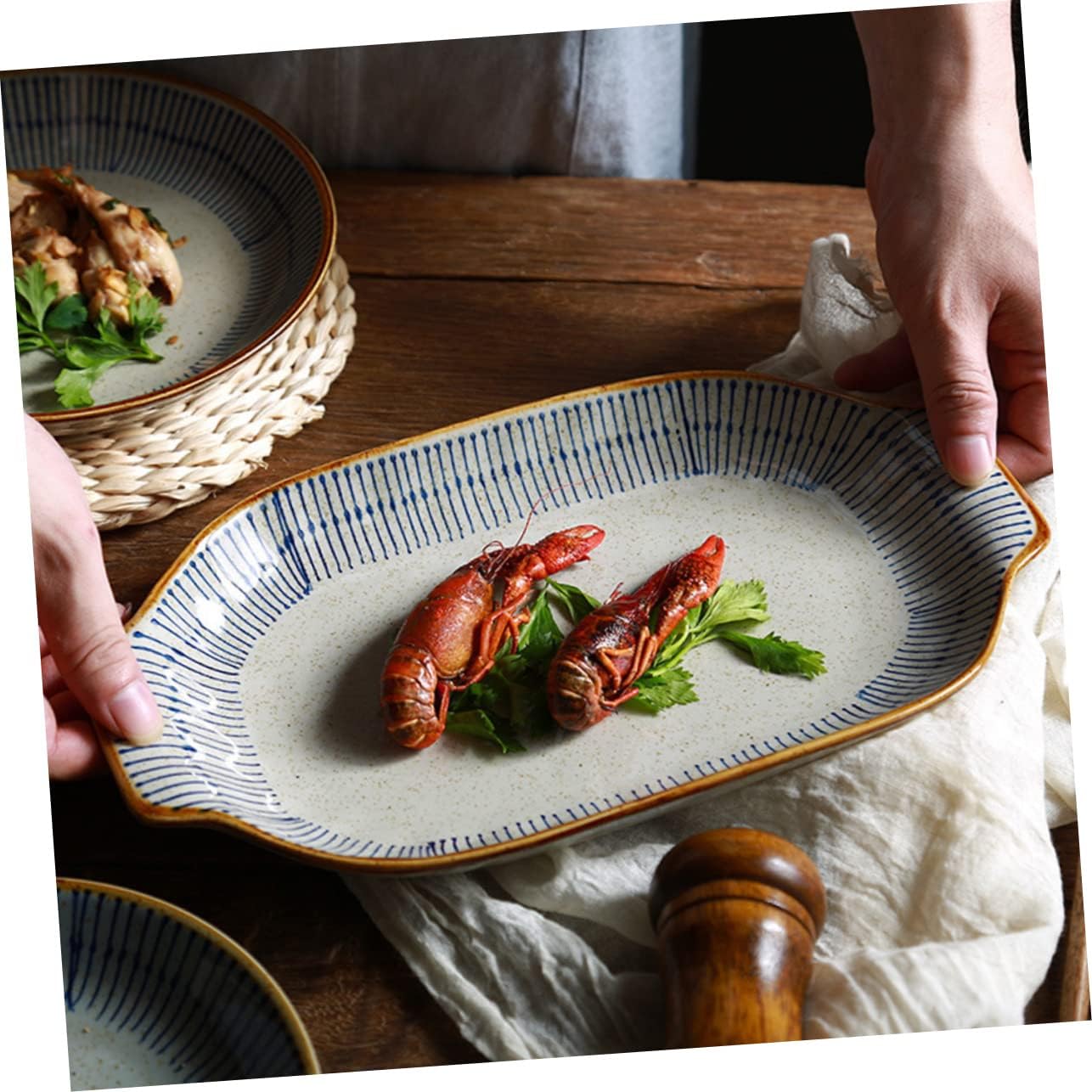 Healifty Double-Handled Ceramic Fish Steaming Plate Rectangular Cooking Dish for Household Use Microwave Safe Serving Tray with Handles