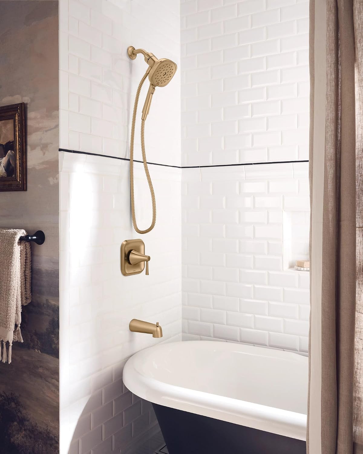 Condition photo showing New/Like New for moen ronan bronzed gold single-handle modern tub and shower faucet with square handheld rain shower spray head featuring magnetix, valve included, 82022bzg square showerhead bronzed gold